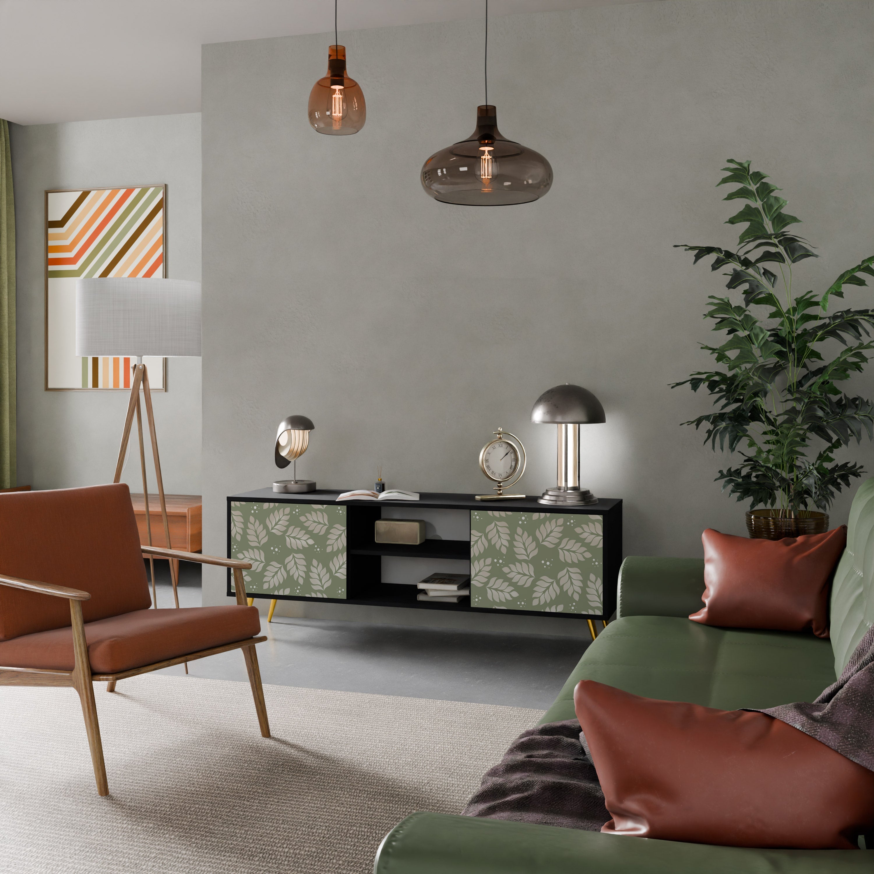 LEAVES ON GREEN Móvel de TV com 2 Portas em Acabamento Preto