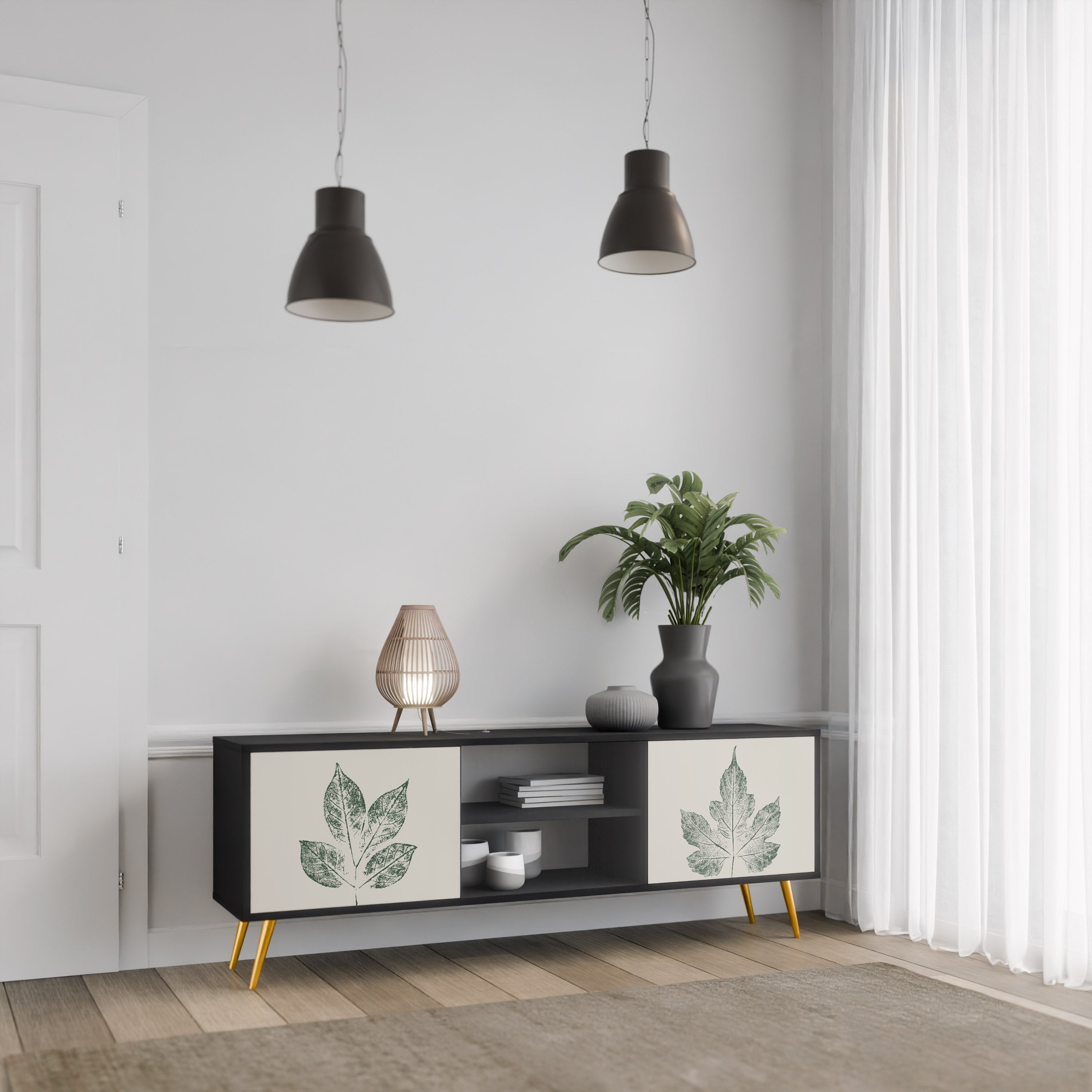 GREEN LEAFY STAMPS Móvel de TV com 2 Portas em Acabamento Preto