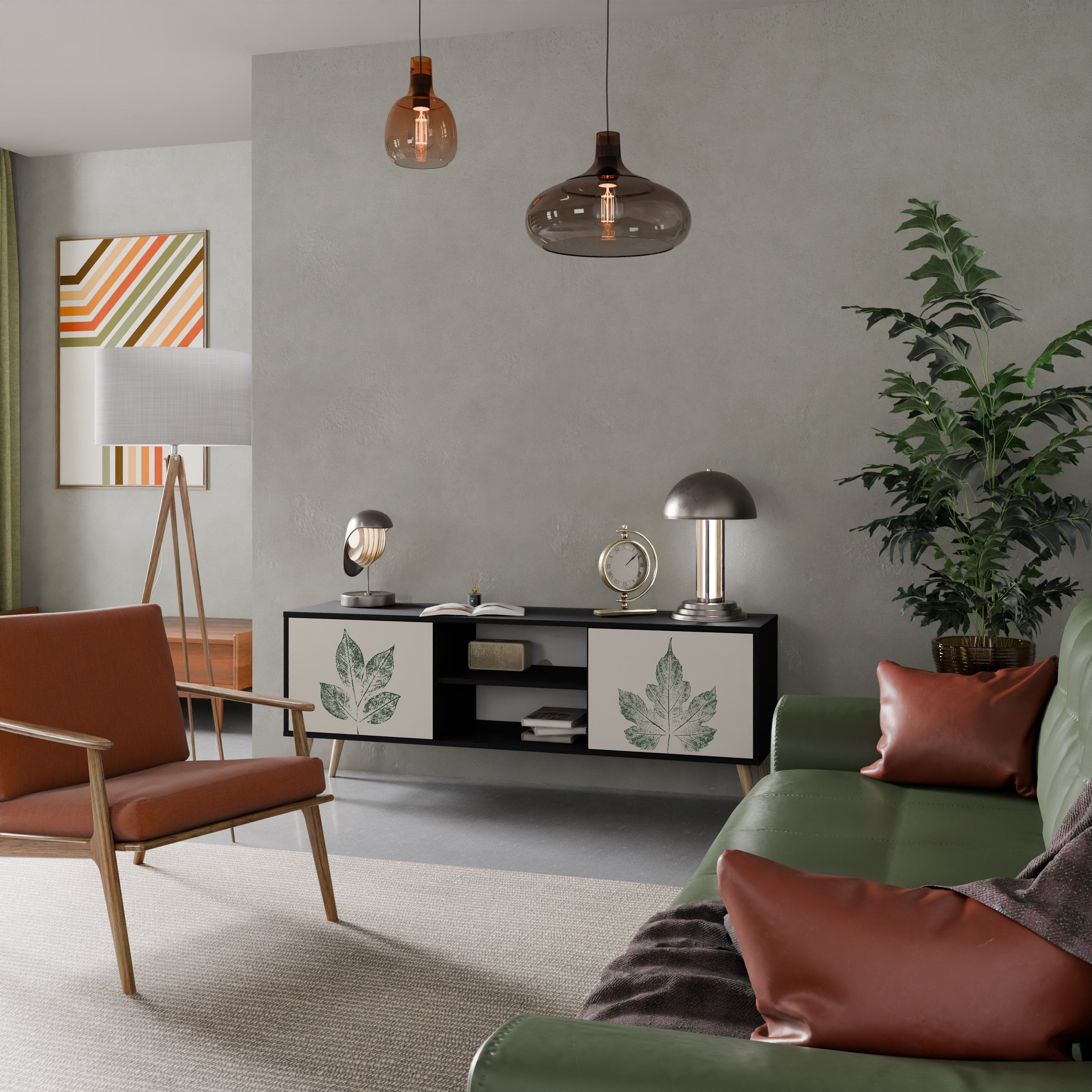 GREEN LEAFY STAMPS Móvel de TV com 2 Portas em Acabamento Preto