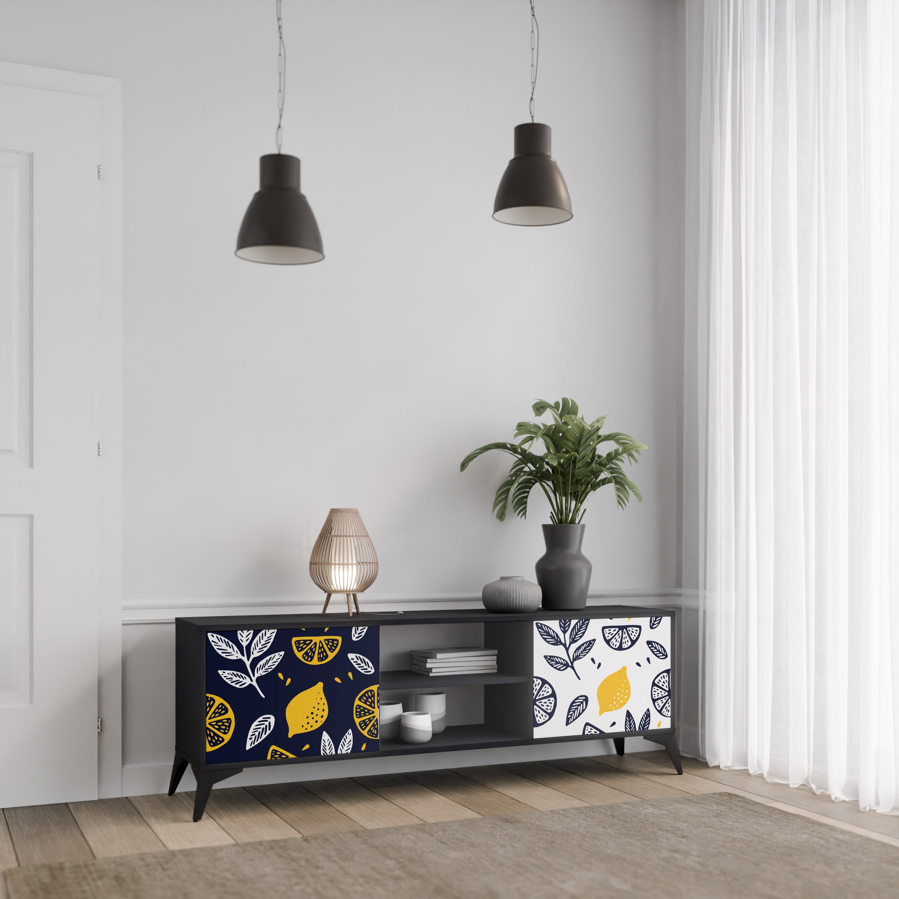 CITRUS BLACK AND WHITE Móvel de TV com 2 Portas em Acabamento Preto