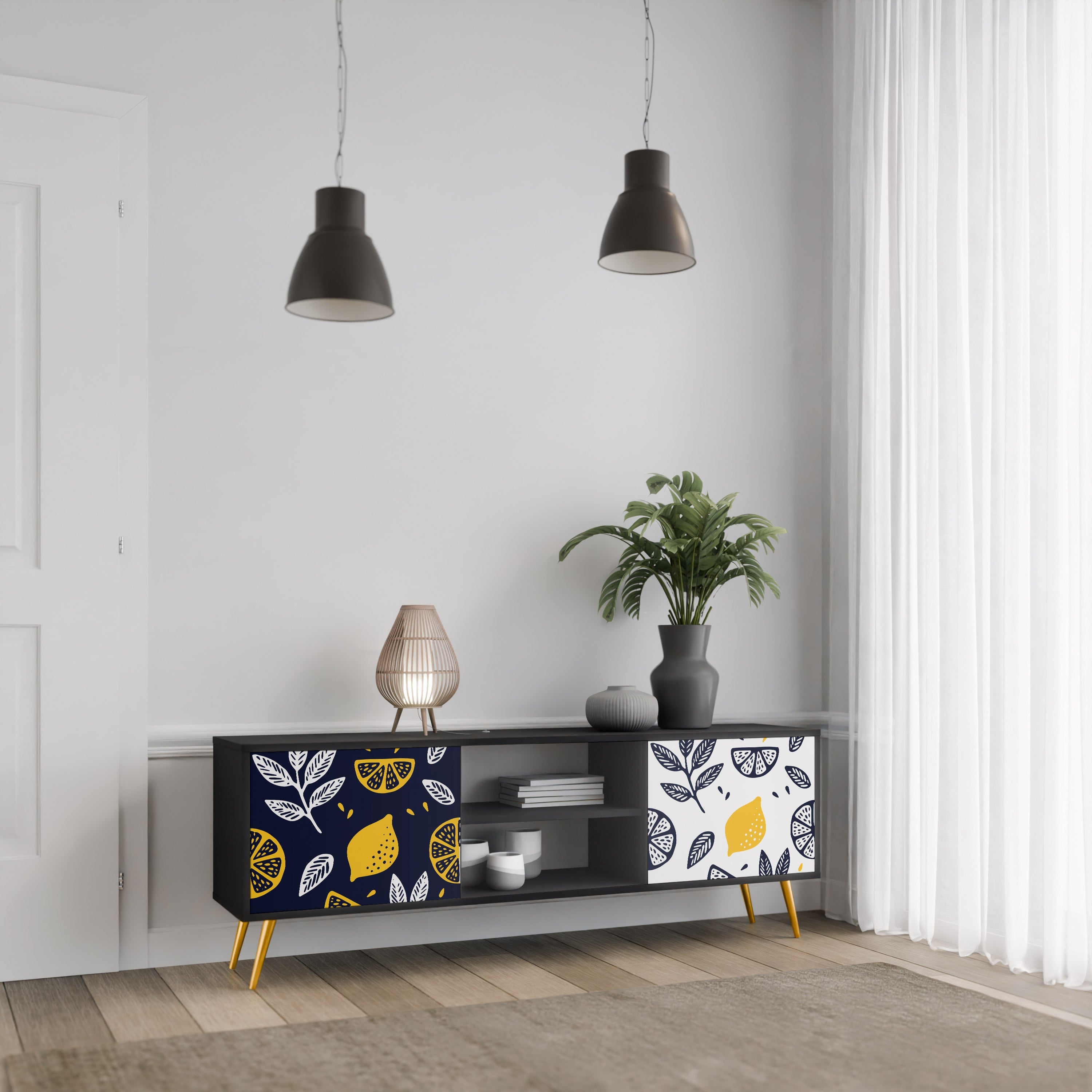 CITRUS BLACK AND WHITE Móvel de TV com 2 Portas em Acabamento Preto