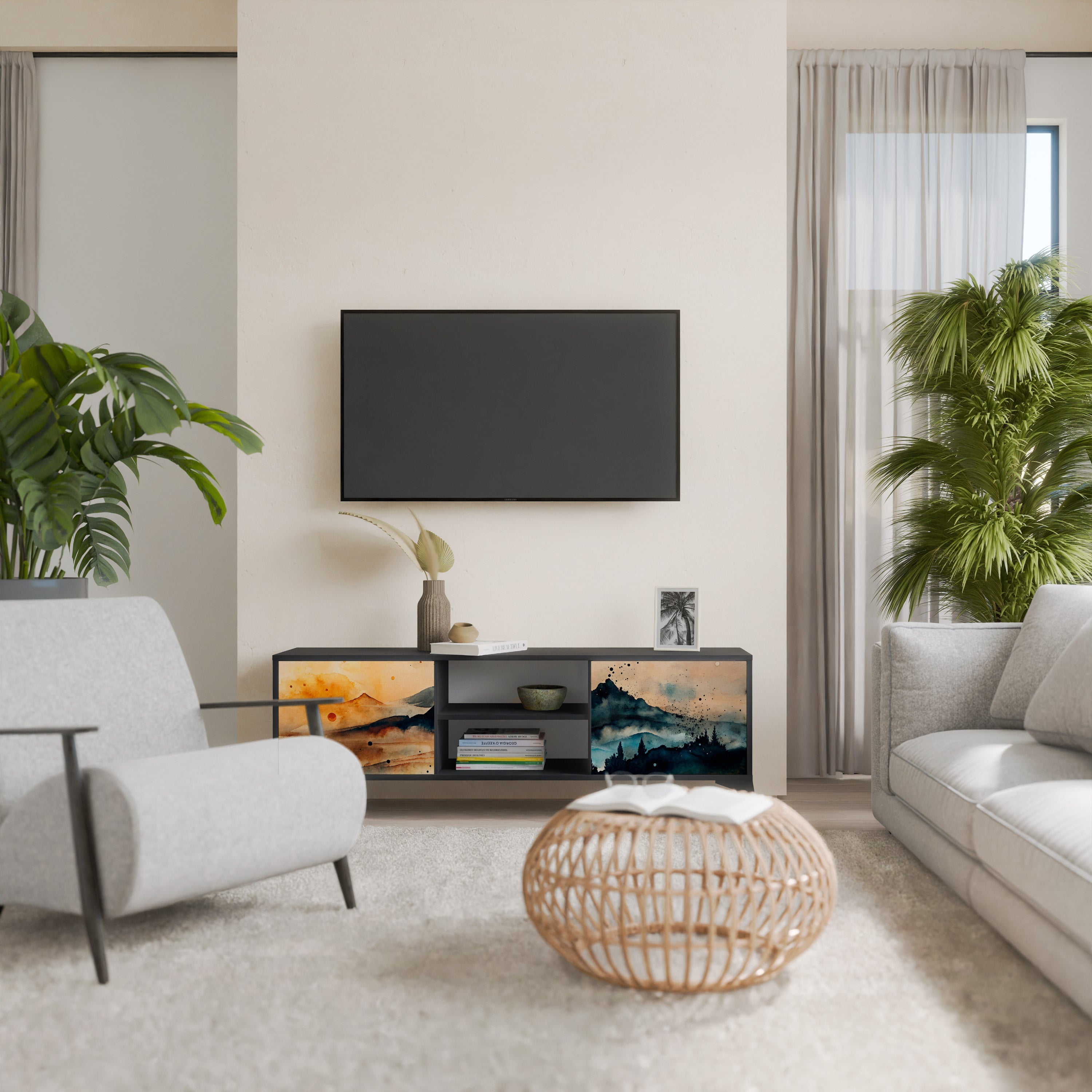 OMINOUS MOUNTAINS Móvel de TV com 2 Portas em Acabamento Preto