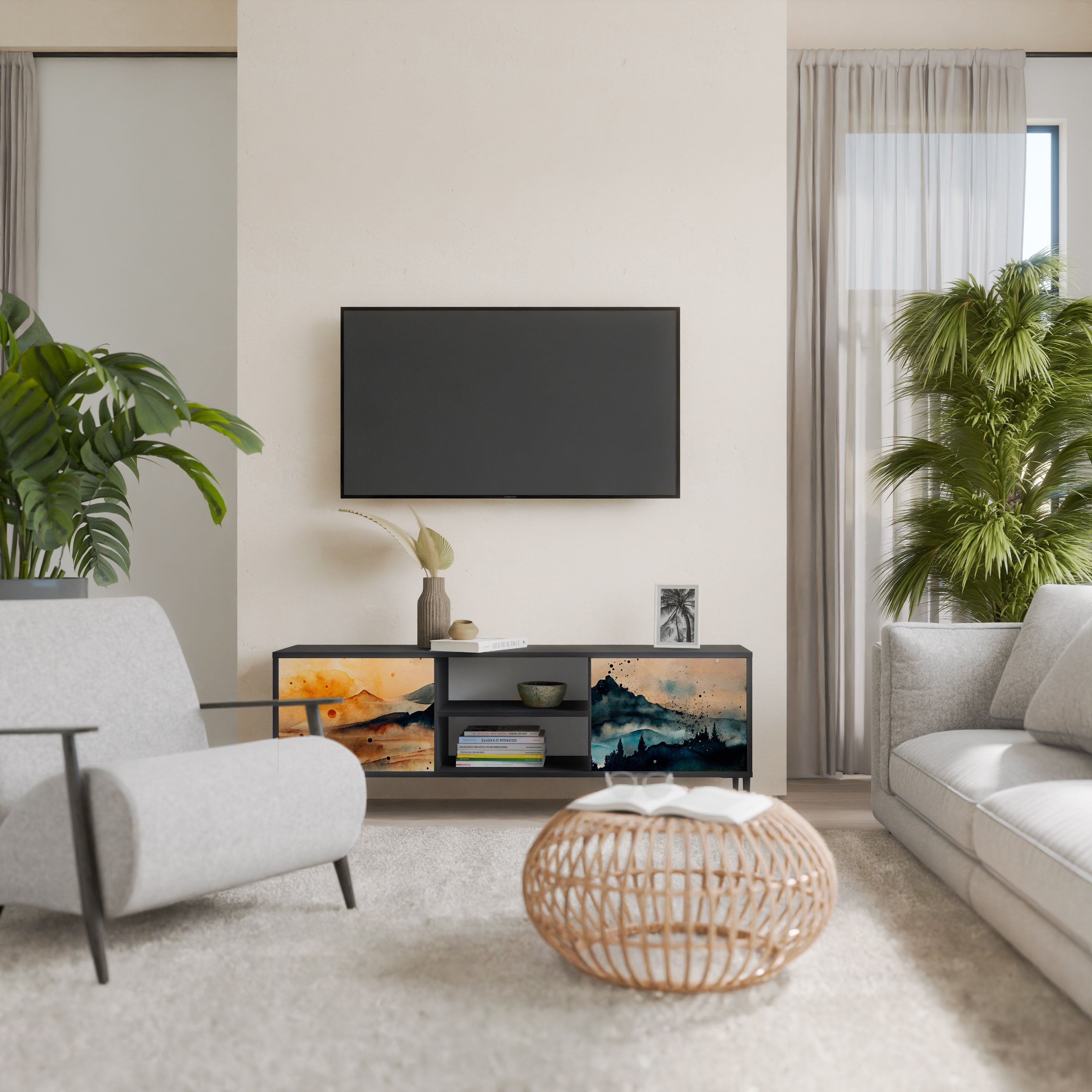 OMINOUS MOUNTAINS Móvel de TV com 2 Portas em Acabamento Preto