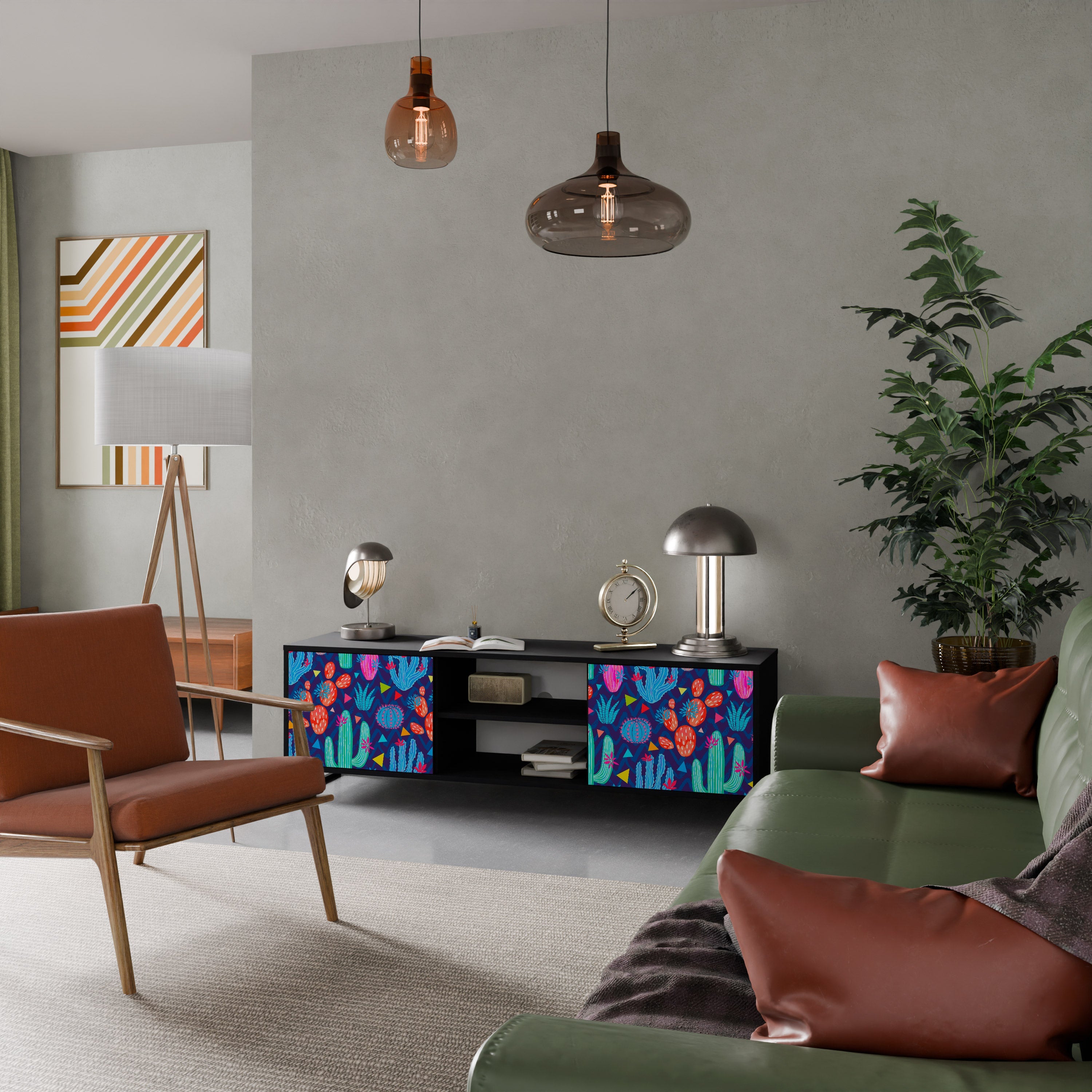 CACTUS VIBES Móvel de TV com 2 Portas em Acabamento Preto