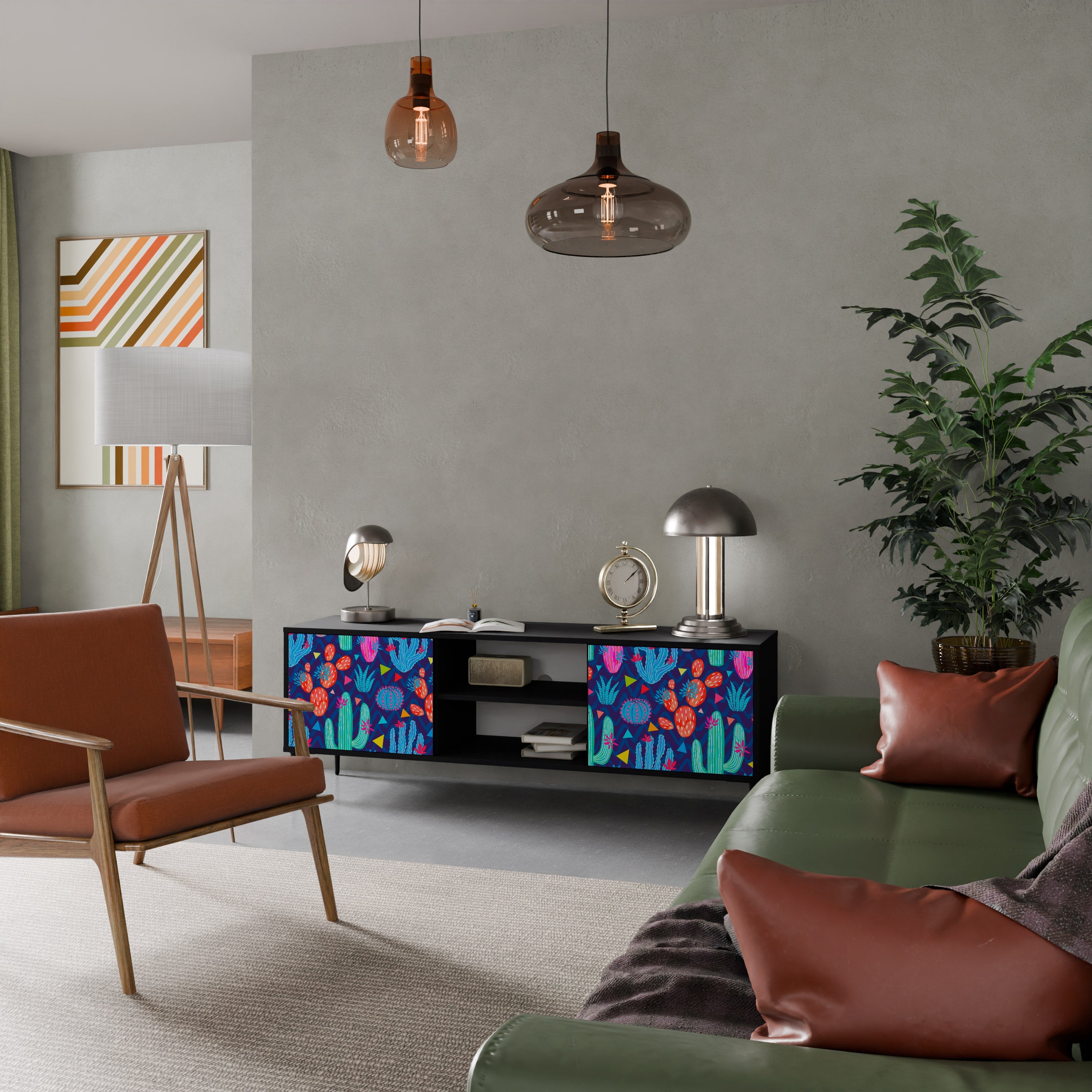 CACTUS VIBES Móvel de TV com 2 Portas em Acabamento Preto