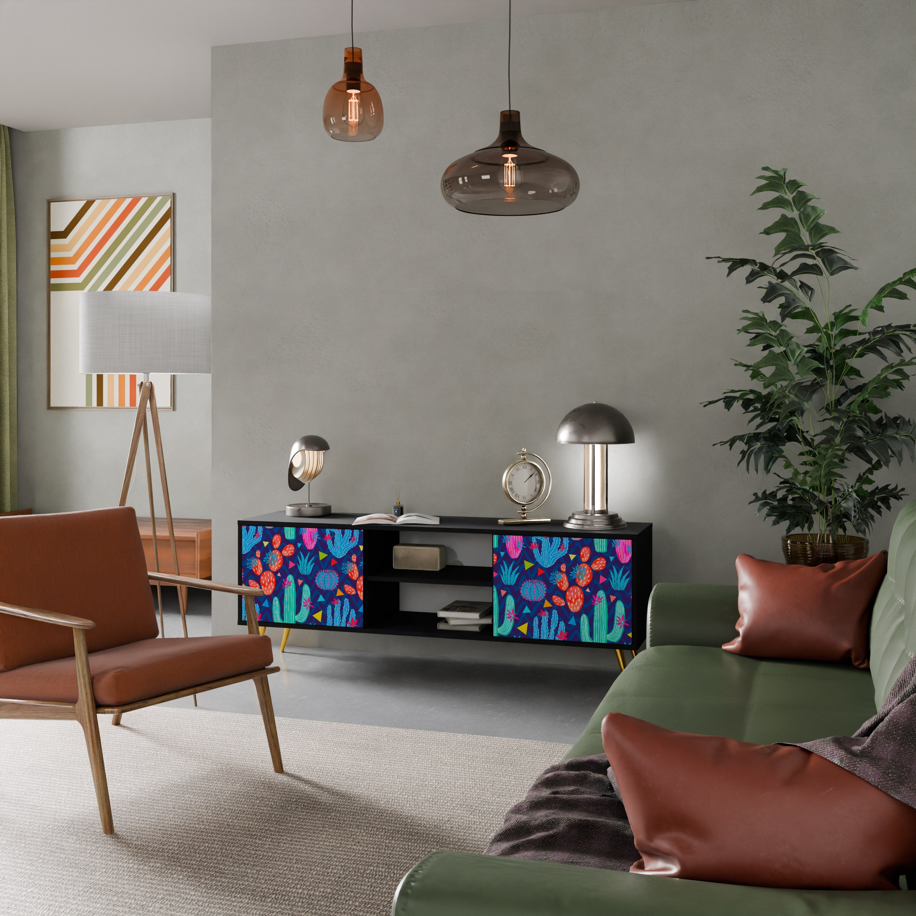 CACTUS VIBES Móvel de TV com 2 Portas em Acabamento Preto