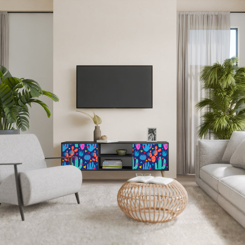 CACTUS VIBES Móvel de TV com 2 Portas em Acabamento Preto