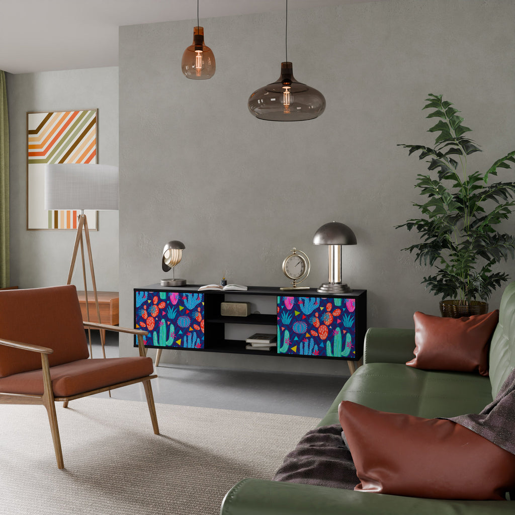 CACTUS VIBES Móvel de TV com 2 Portas em Acabamento Preto