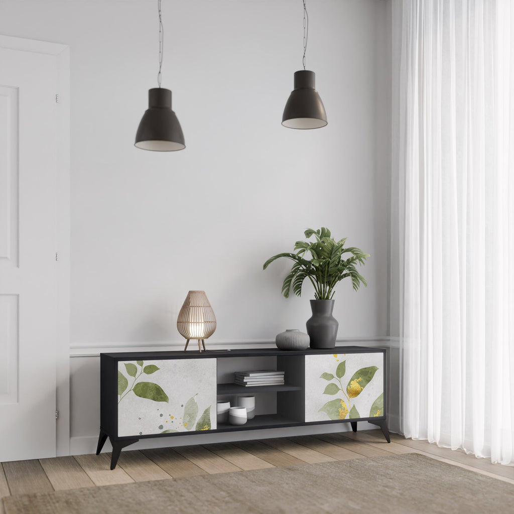 ELEGANT BOTANICS Móvel de TV com 2 Portas em Acabamento Preto
