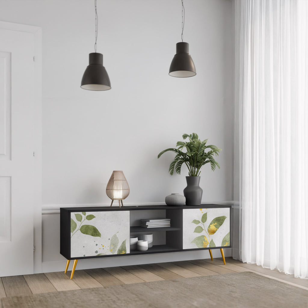 ELEGANT BOTANICS Móvel de TV com 2 Portas em Acabamento Preto