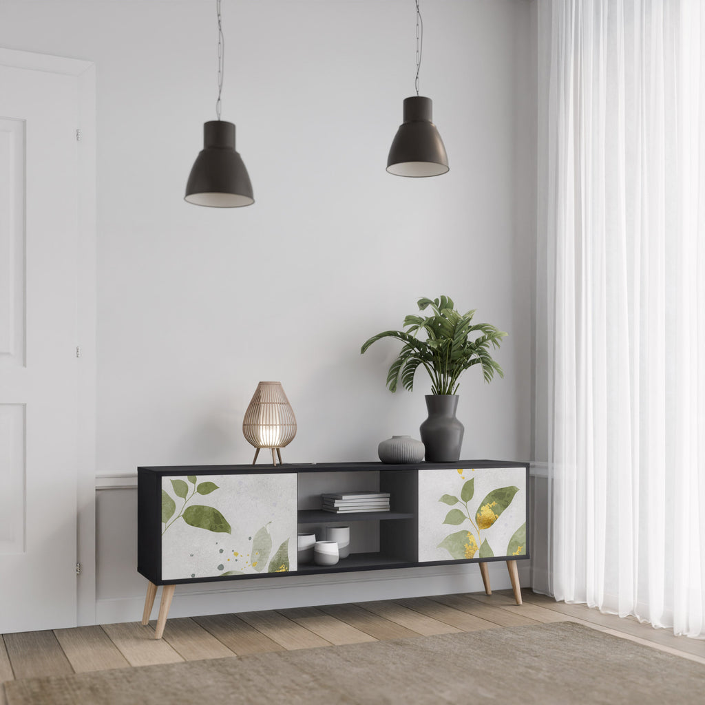 ELEGANT BOTANICS Móvel de TV com 2 Portas em Acabamento Preto