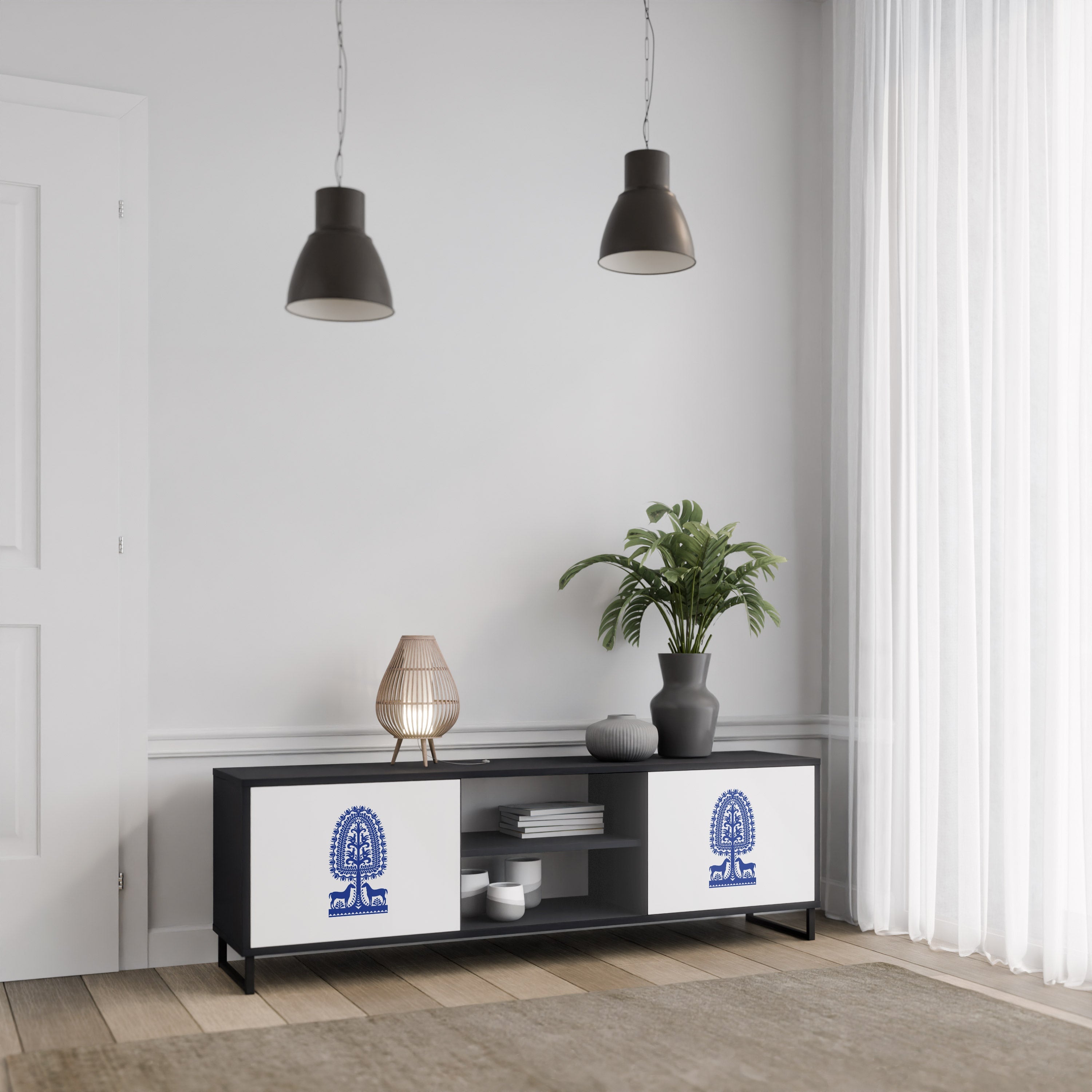 POLISH FOLK ART Móvel de TV com 2 Portas em Acabamento Preto