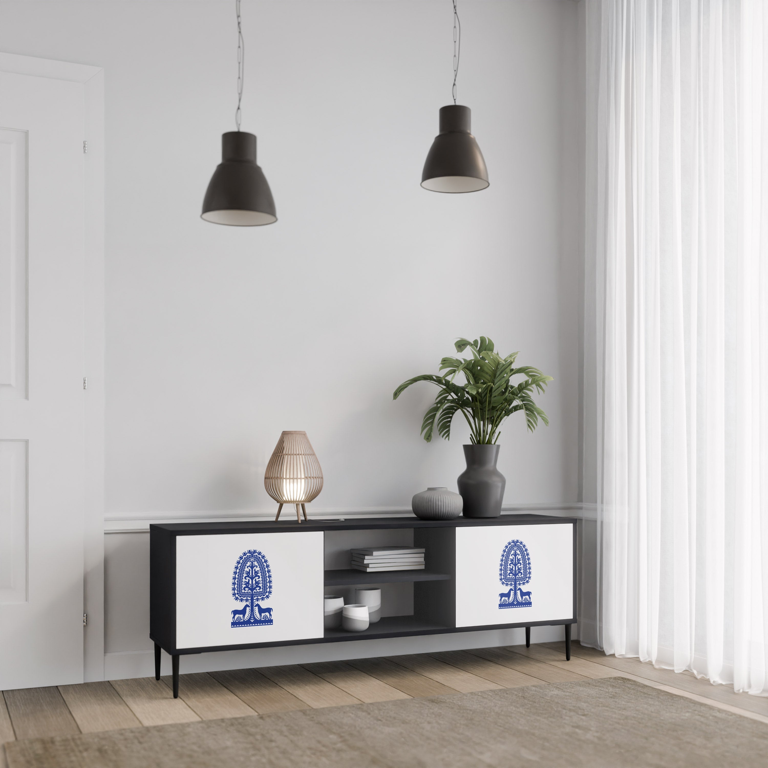 POLISH FOLK ART Móvel de TV com 2 Portas em Acabamento Preto