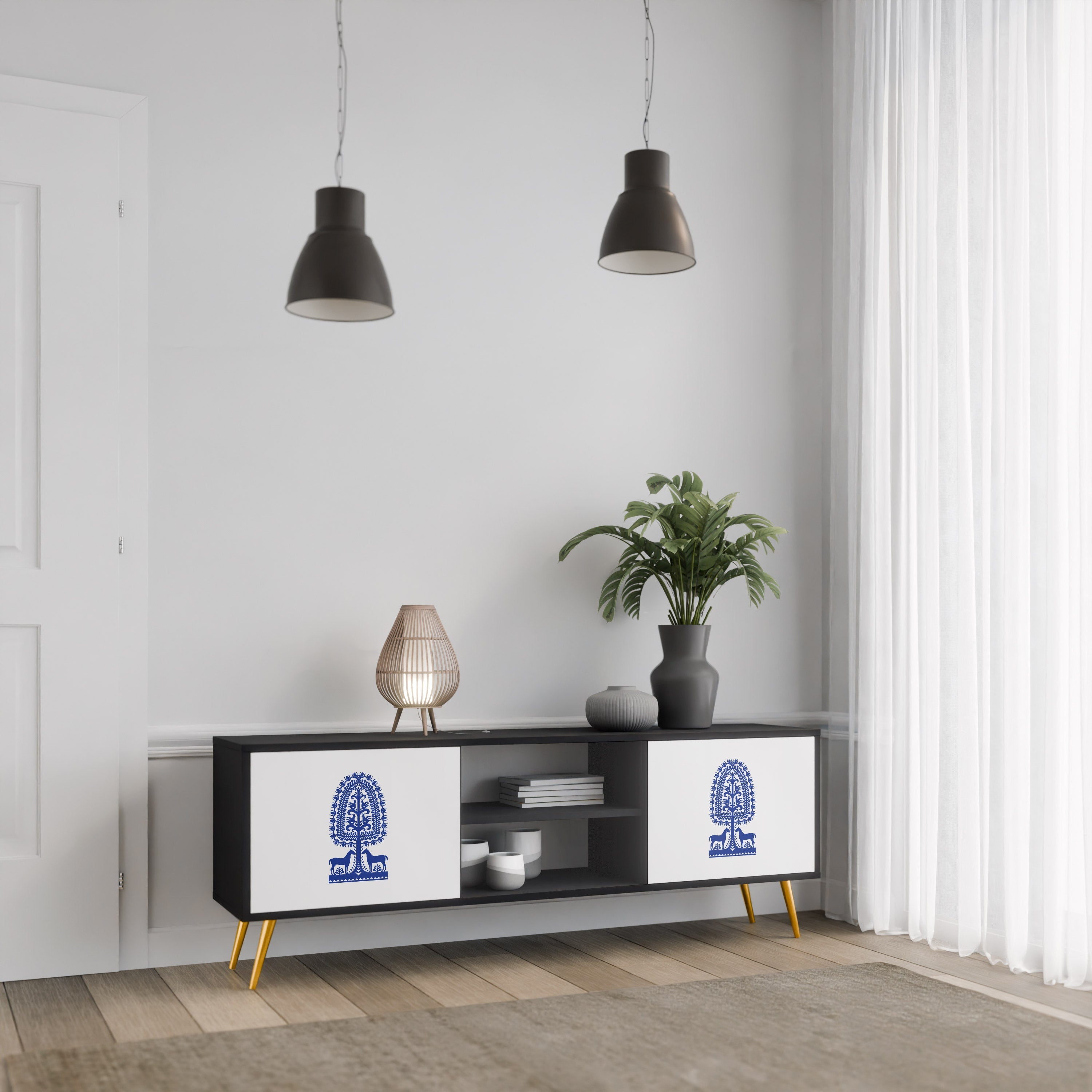 POLISH FOLK ART Móvel de TV com 2 Portas em Acabamento Preto