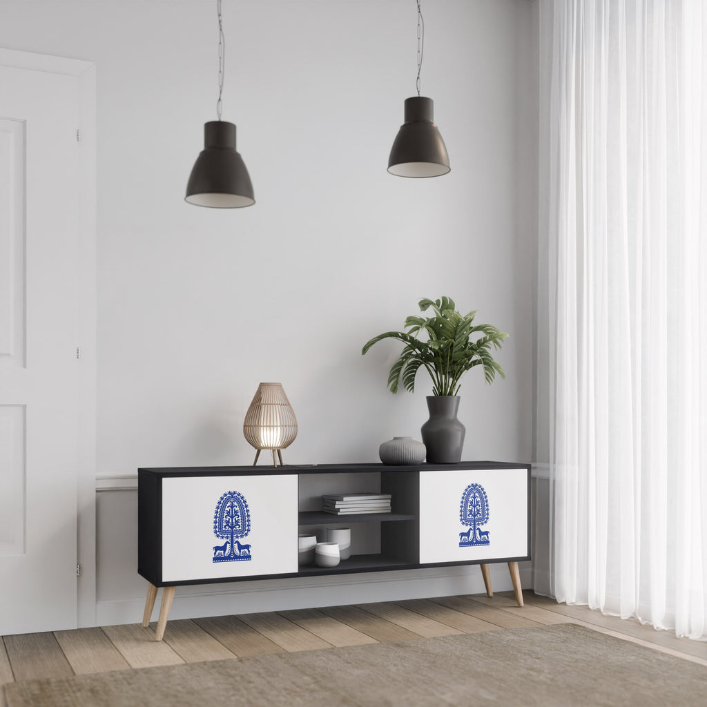 POLISH FOLK ART Móvel de TV com 2 Portas em Acabamento Preto