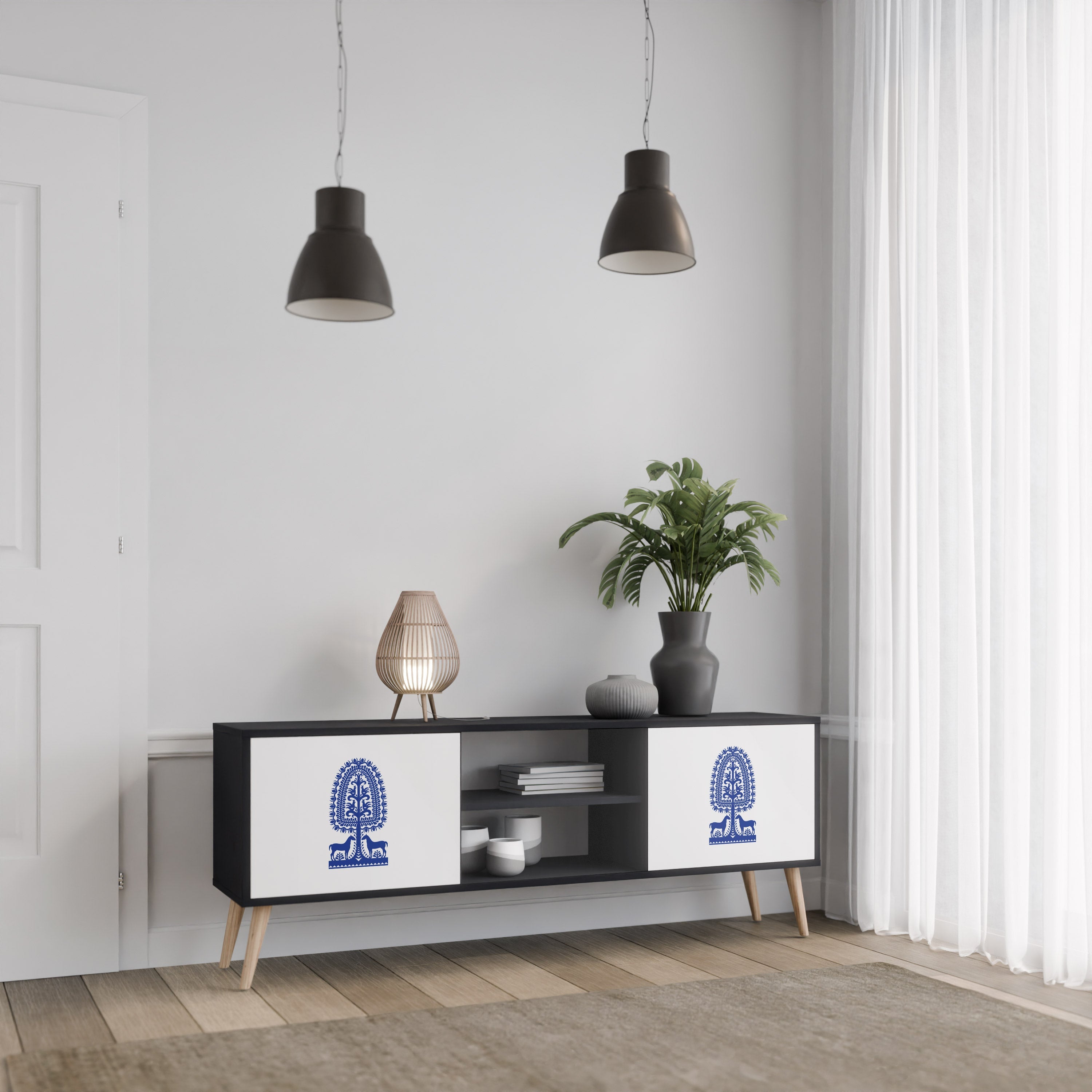 POLISH FOLK ART Móvel de TV com 2 Portas em Acabamento Preto