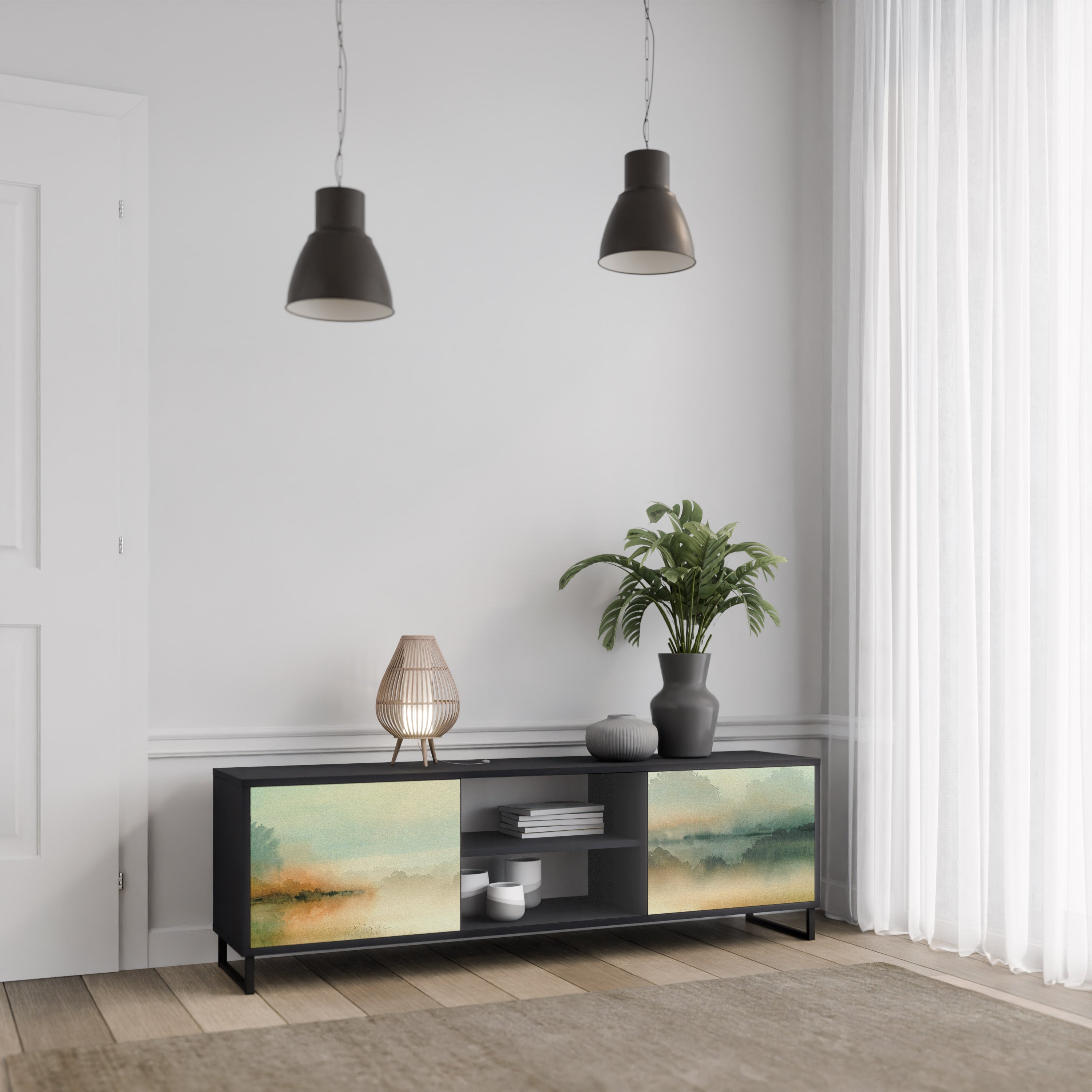 MORNING BY THE LAKE Móvel de TV com 2 Portas em Acabamento Preto