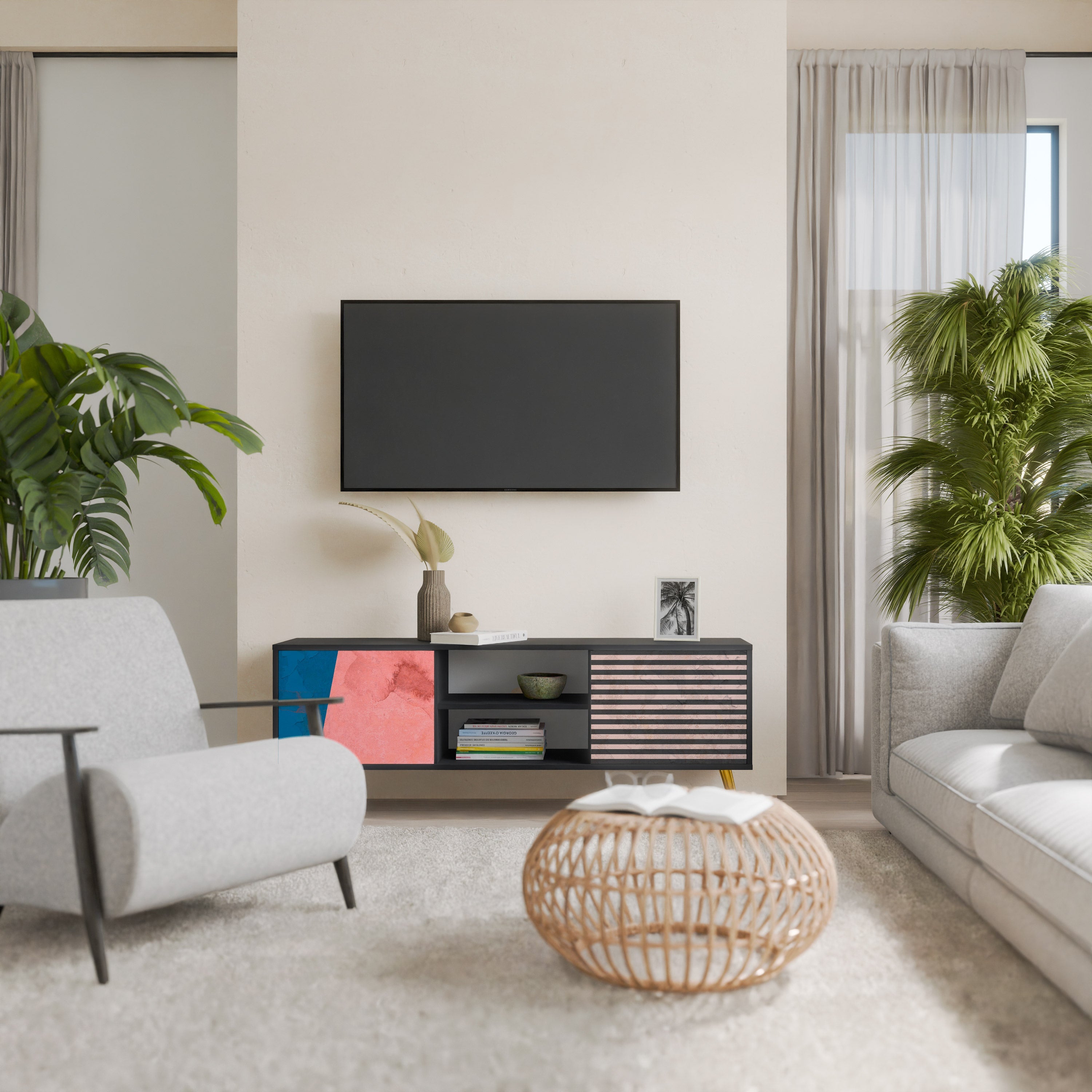 GLAMOROUS STRIPE Móvel de TV com 2 Portas em Acabamento Preto