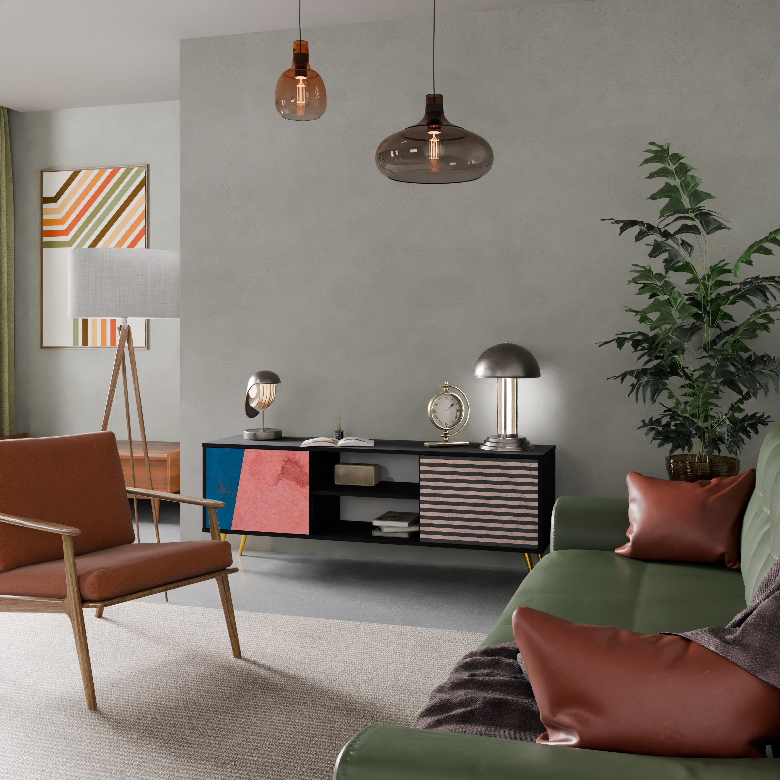 GLAMOROUS STRIPE Móvel de TV com 2 Portas em Acabamento Preto