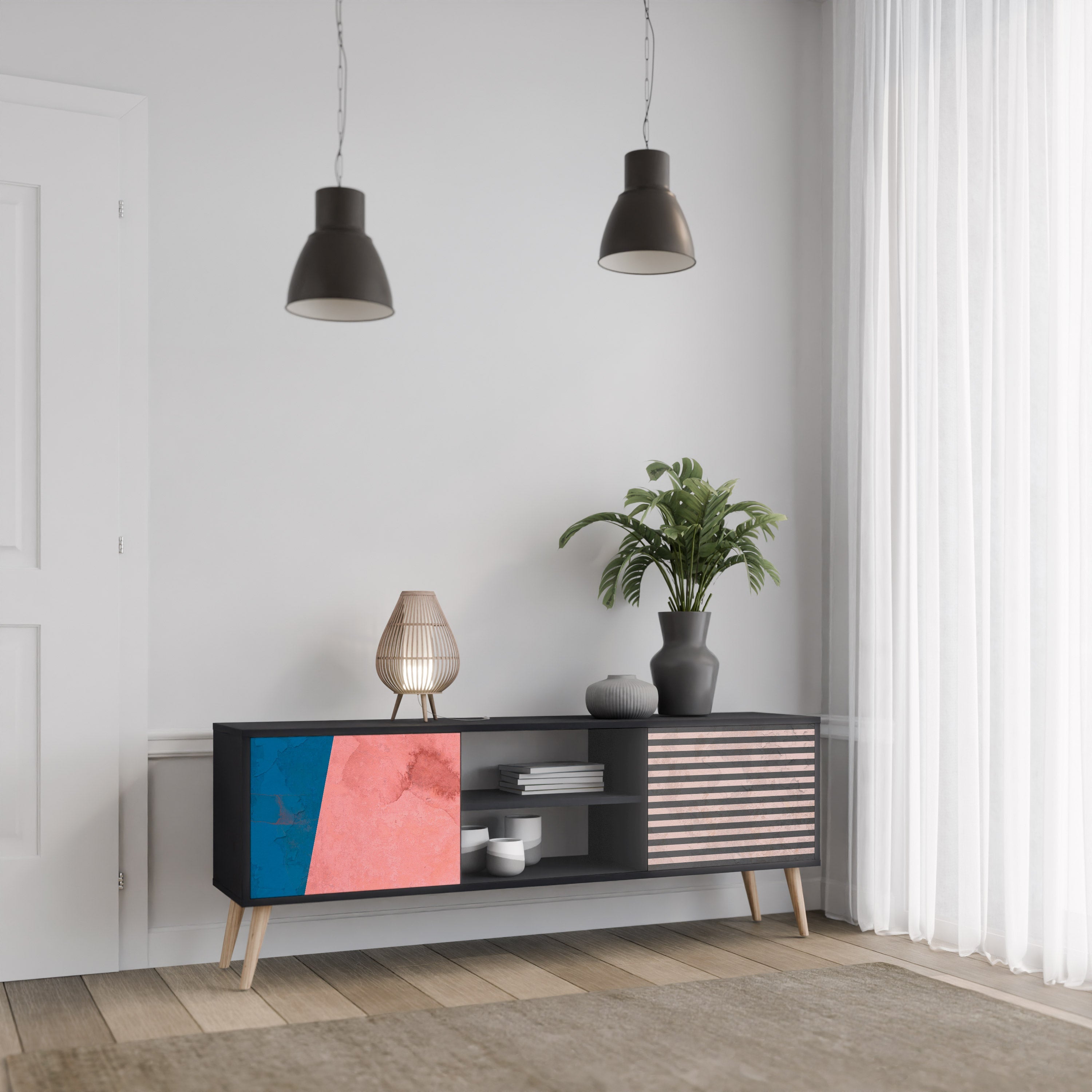 GLAMOROUS STRIPE Móvel de TV com 2 Portas em Acabamento Preto