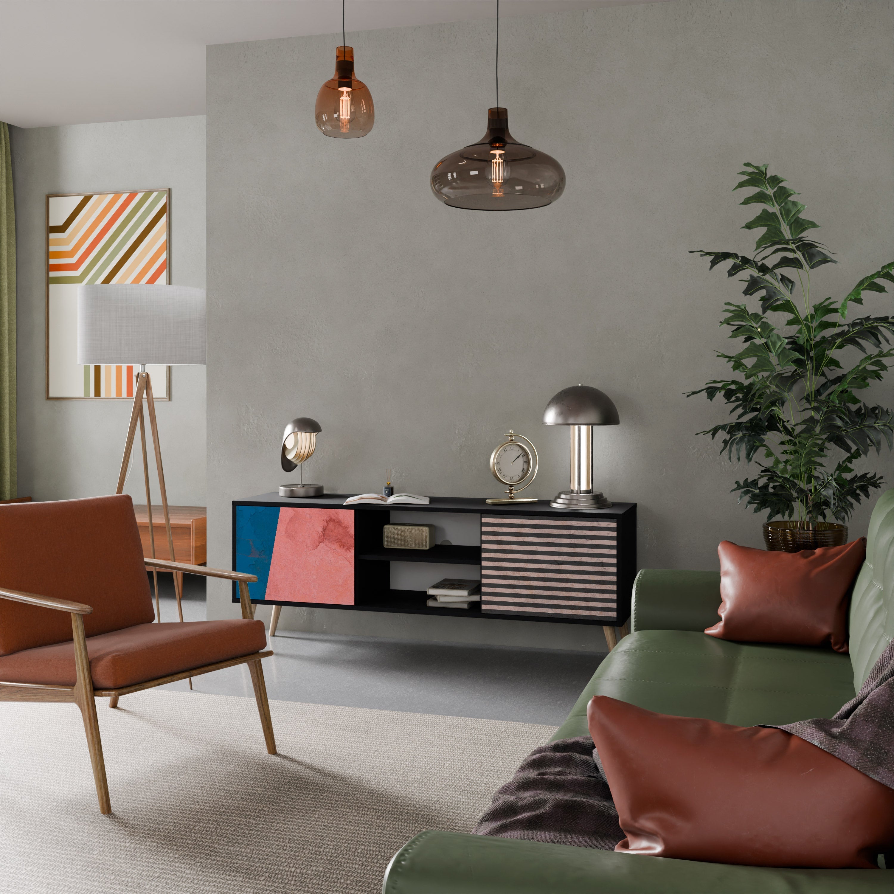 GLAMOROUS STRIPE Móvel de TV com 2 Portas em Acabamento Preto