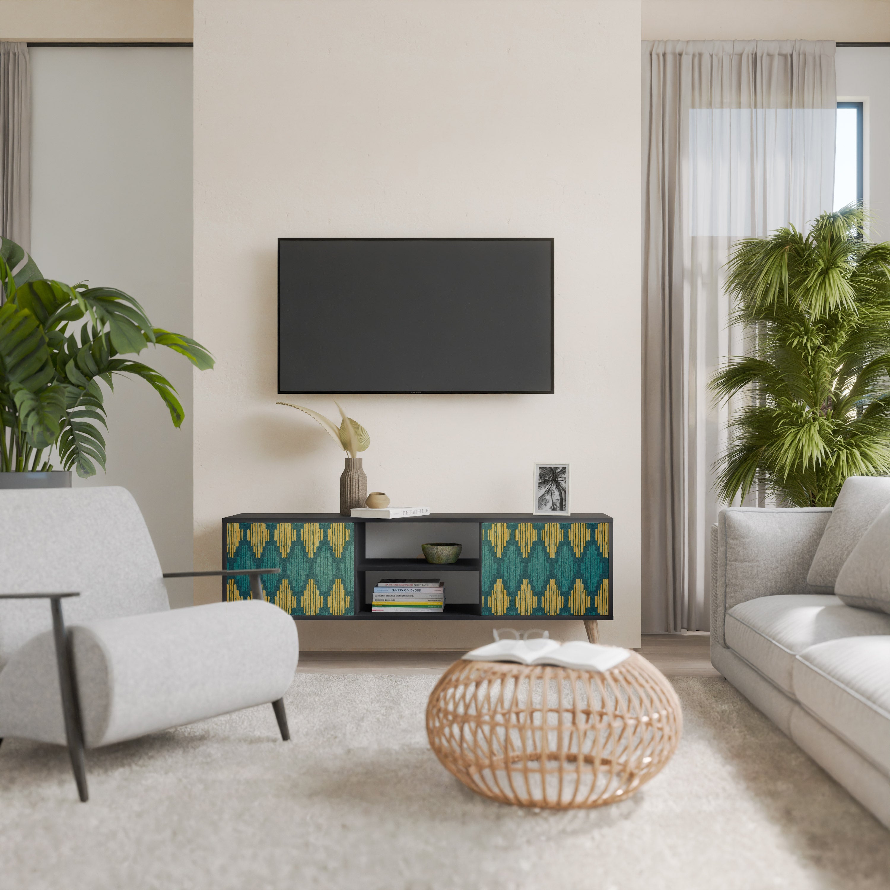 POLYGONS Móvel de TV com 2 Portas em Acabamento Preto