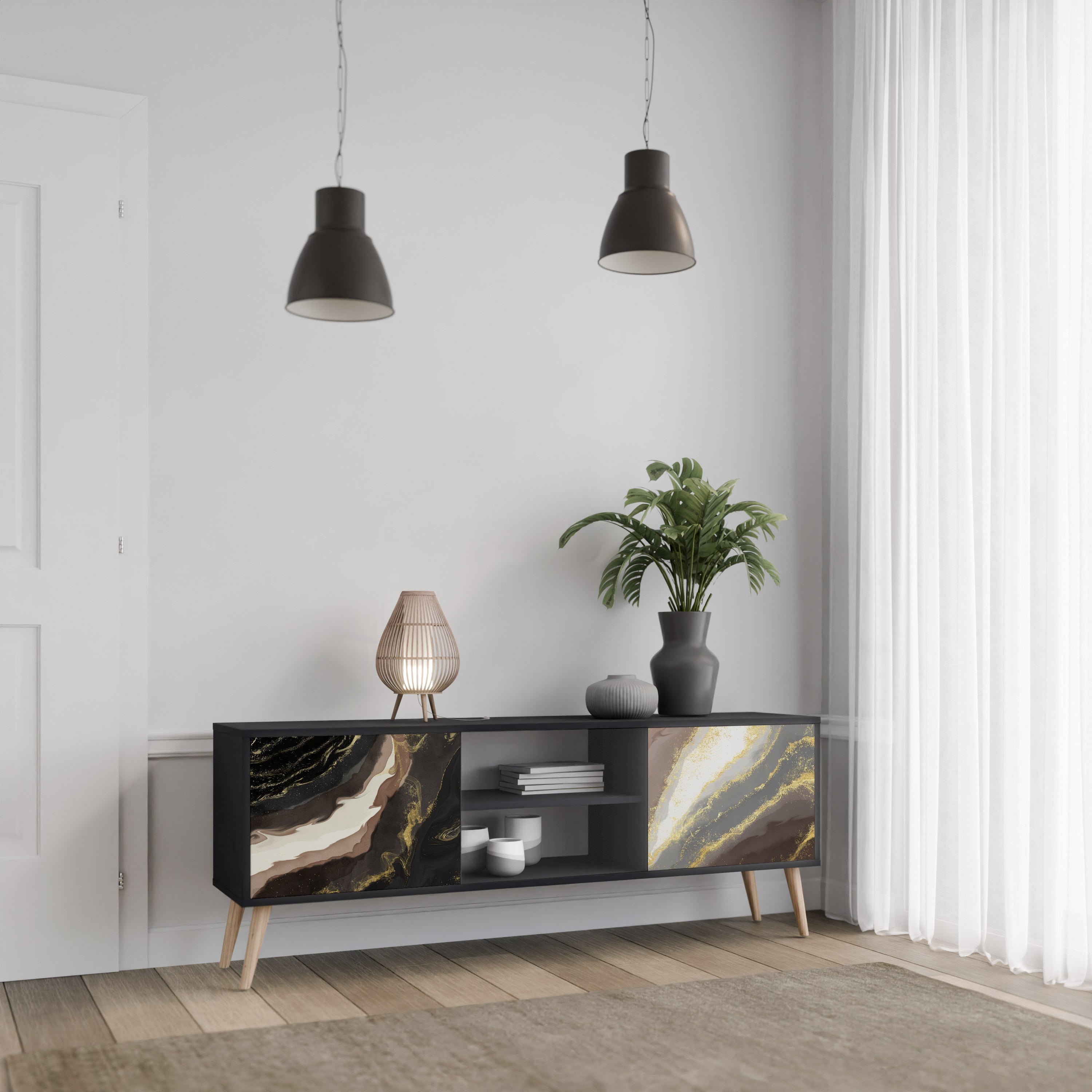 GOLD DUST Móvel de TV com 2 Portas em Acabamento Preto