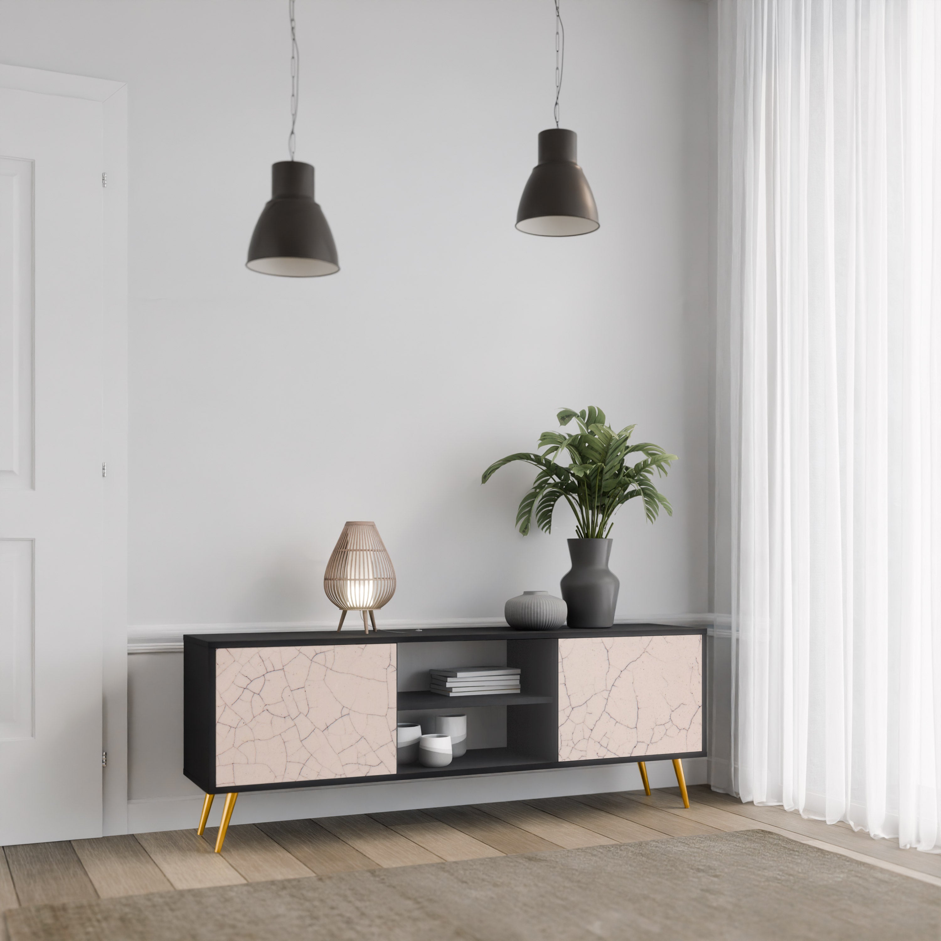 CERAMIC TEXTURE Móvel de TV com 2 Portas em Acabamento Preto