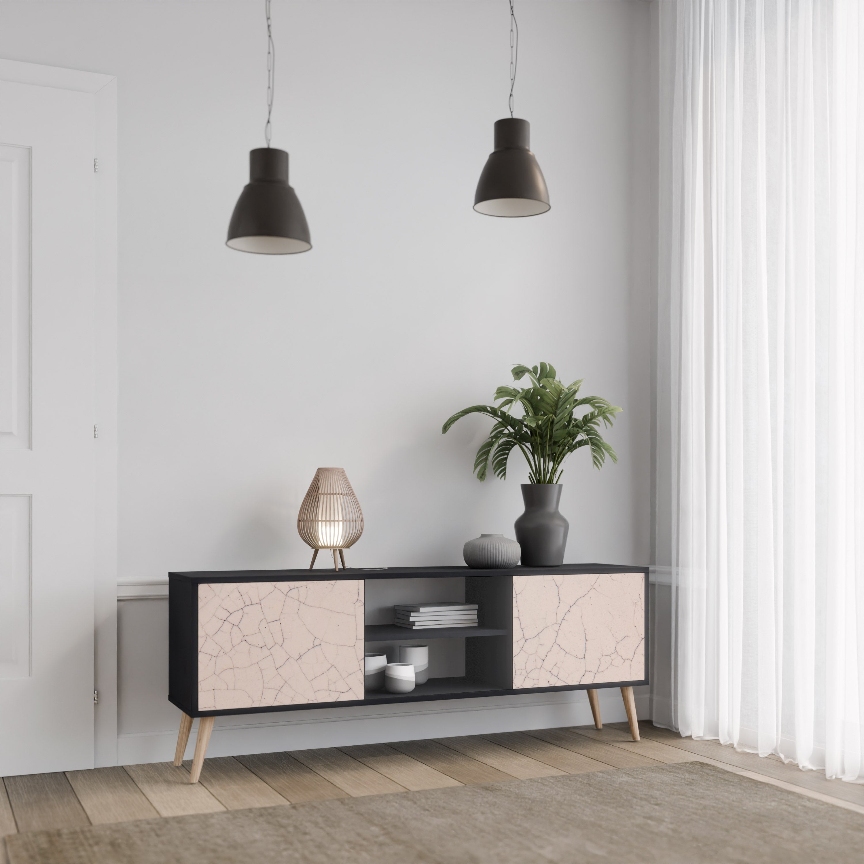 CERAMIC TEXTURE Móvel de TV com 2 Portas em Acabamento Preto