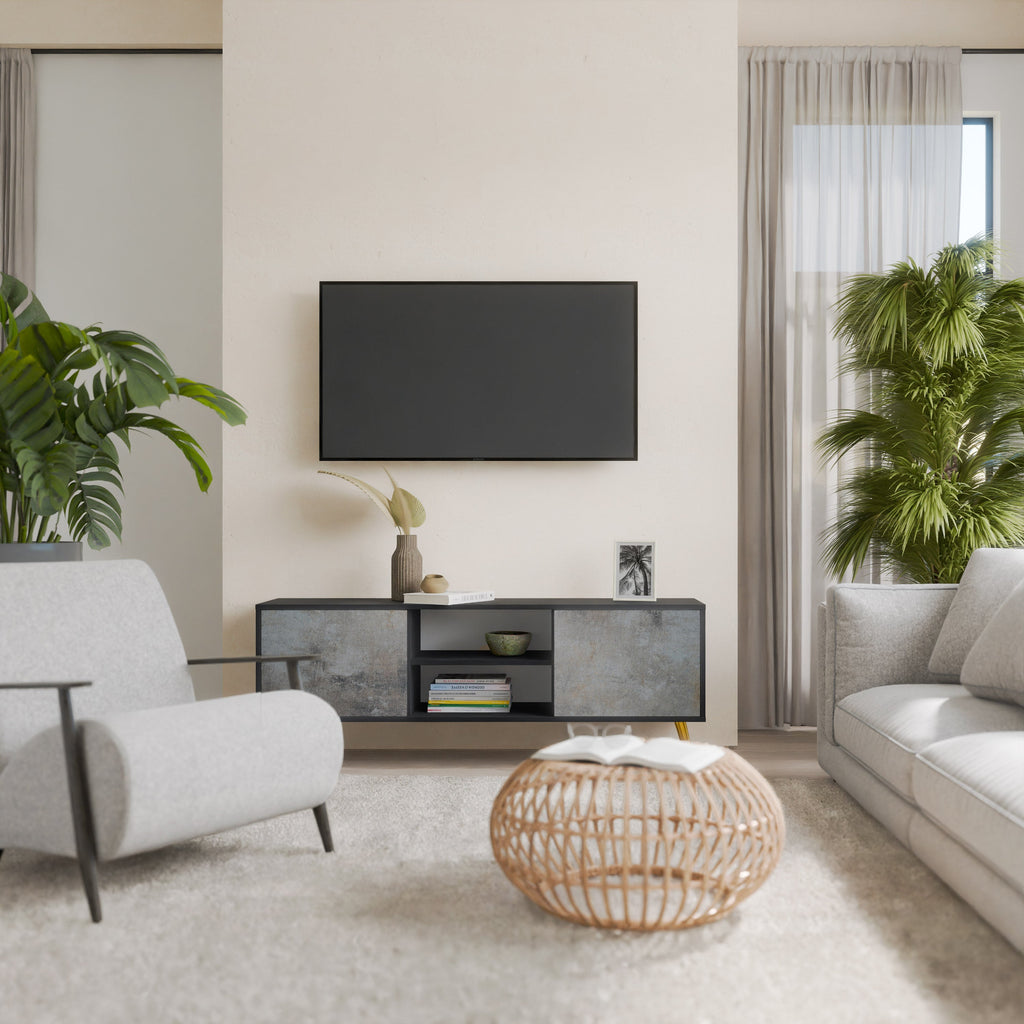 CONCRETE WALL 2-Door TV Stand in Black Finish