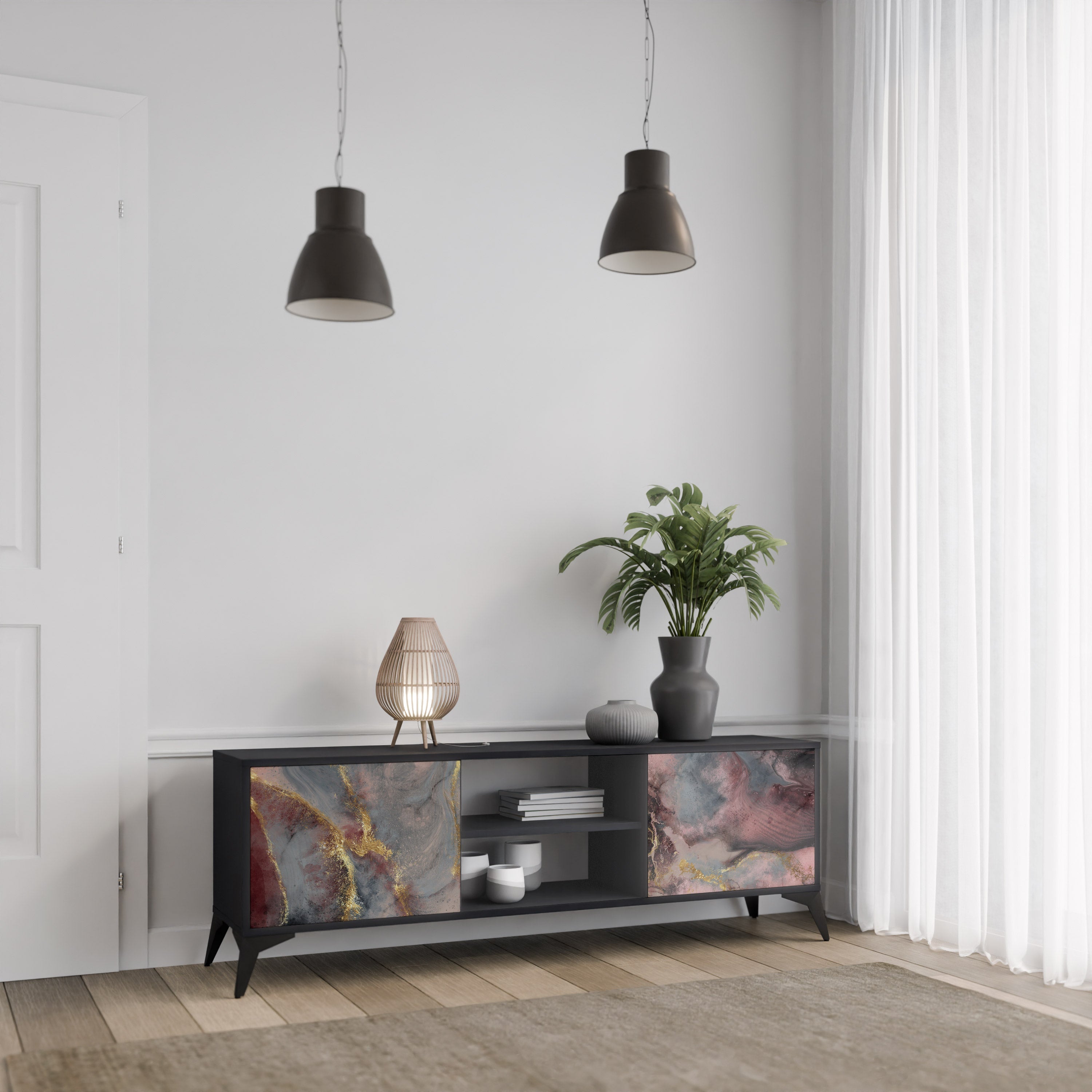 GOLDEN TIDES Móvel de TV com 2 Portas em Acabamento Preto