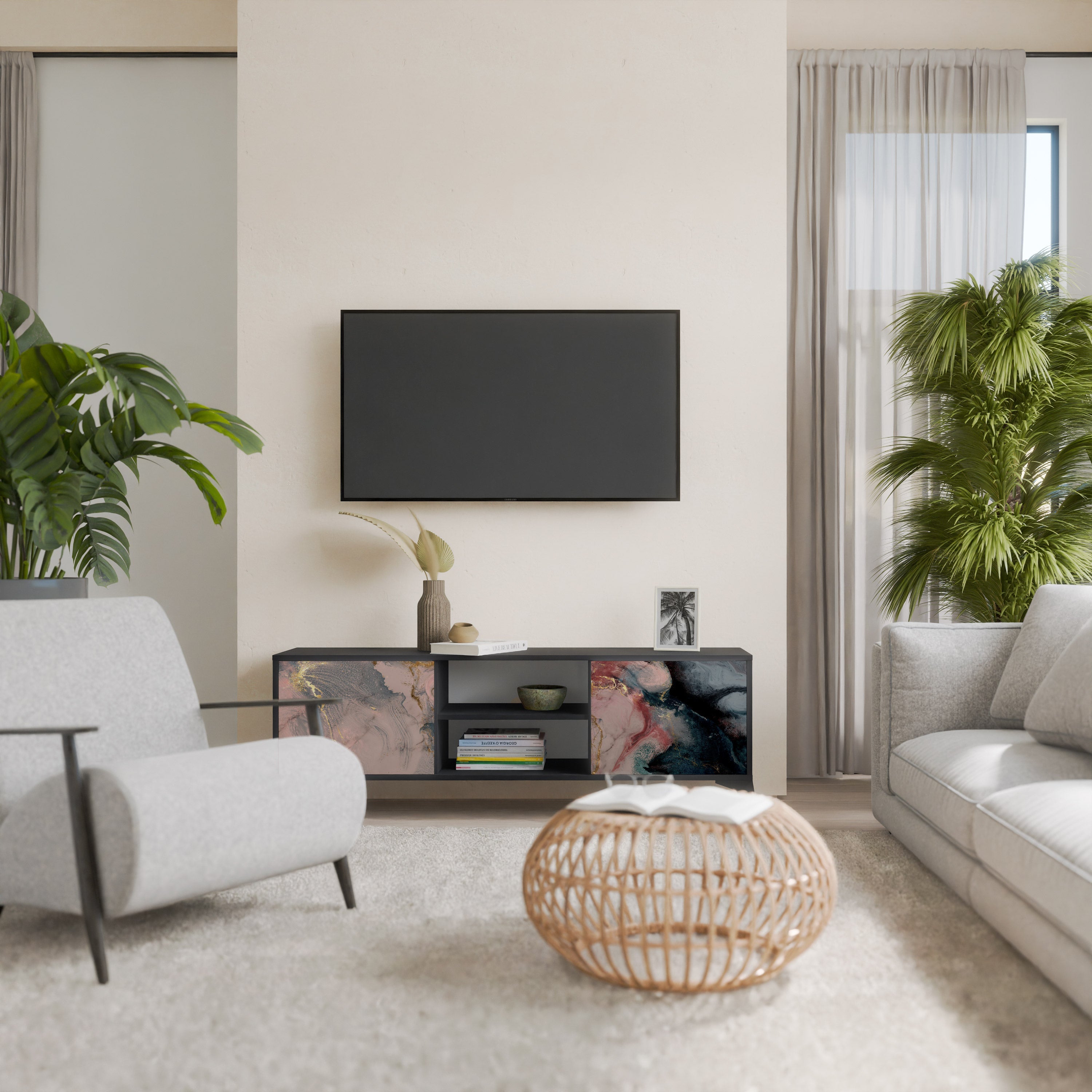 GILDED SWIRLS Móvel de TV com 2 Portas em Acabamento Preto