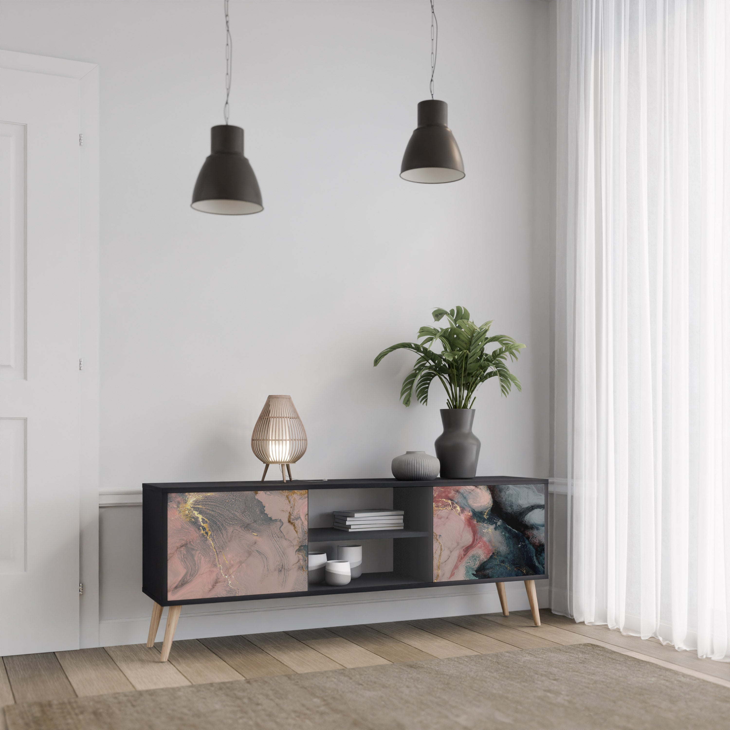 GILDED SWIRLS Móvel de TV com 2 Portas em Acabamento Preto