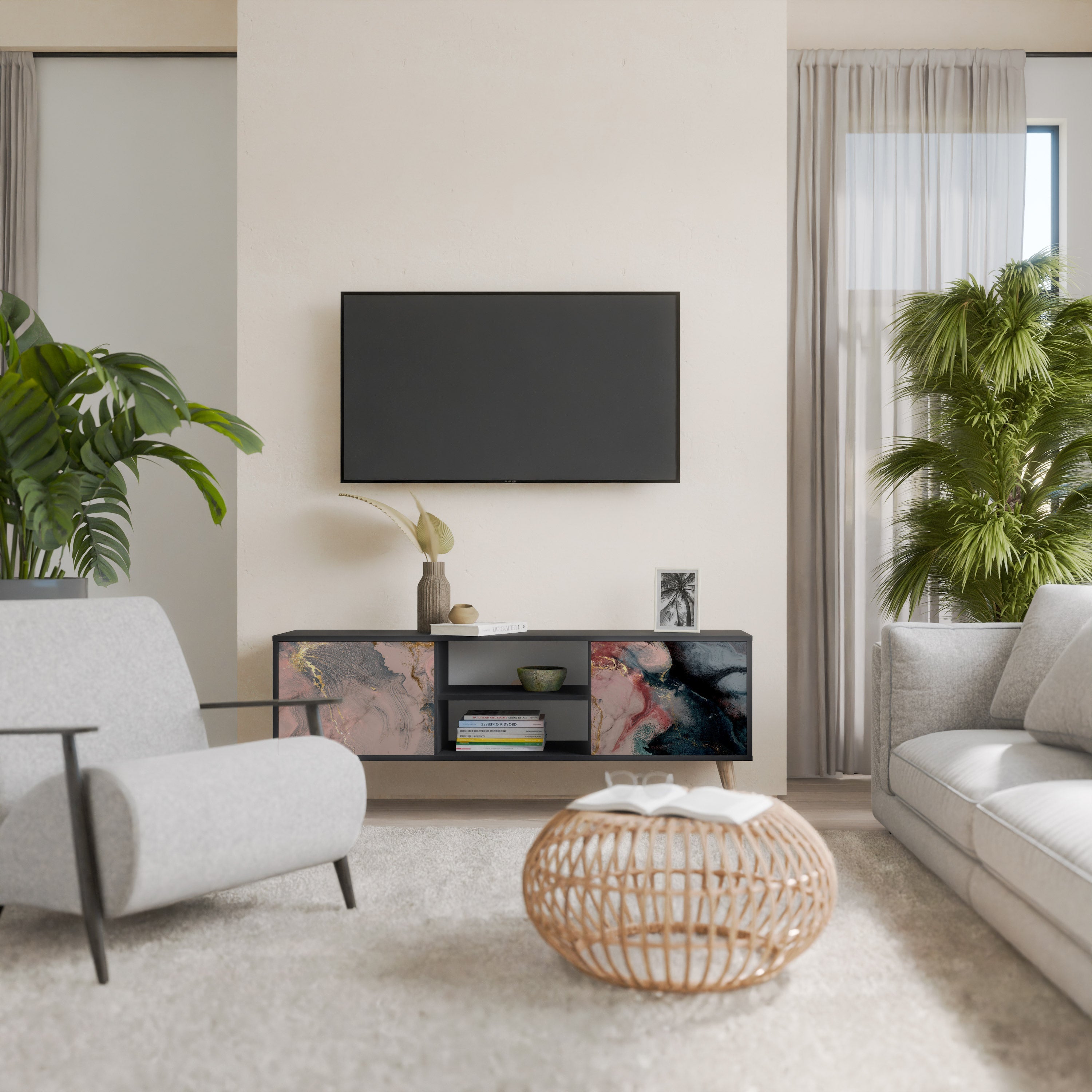 GILDED SWIRLS Móvel de TV com 2 Portas em Acabamento Preto