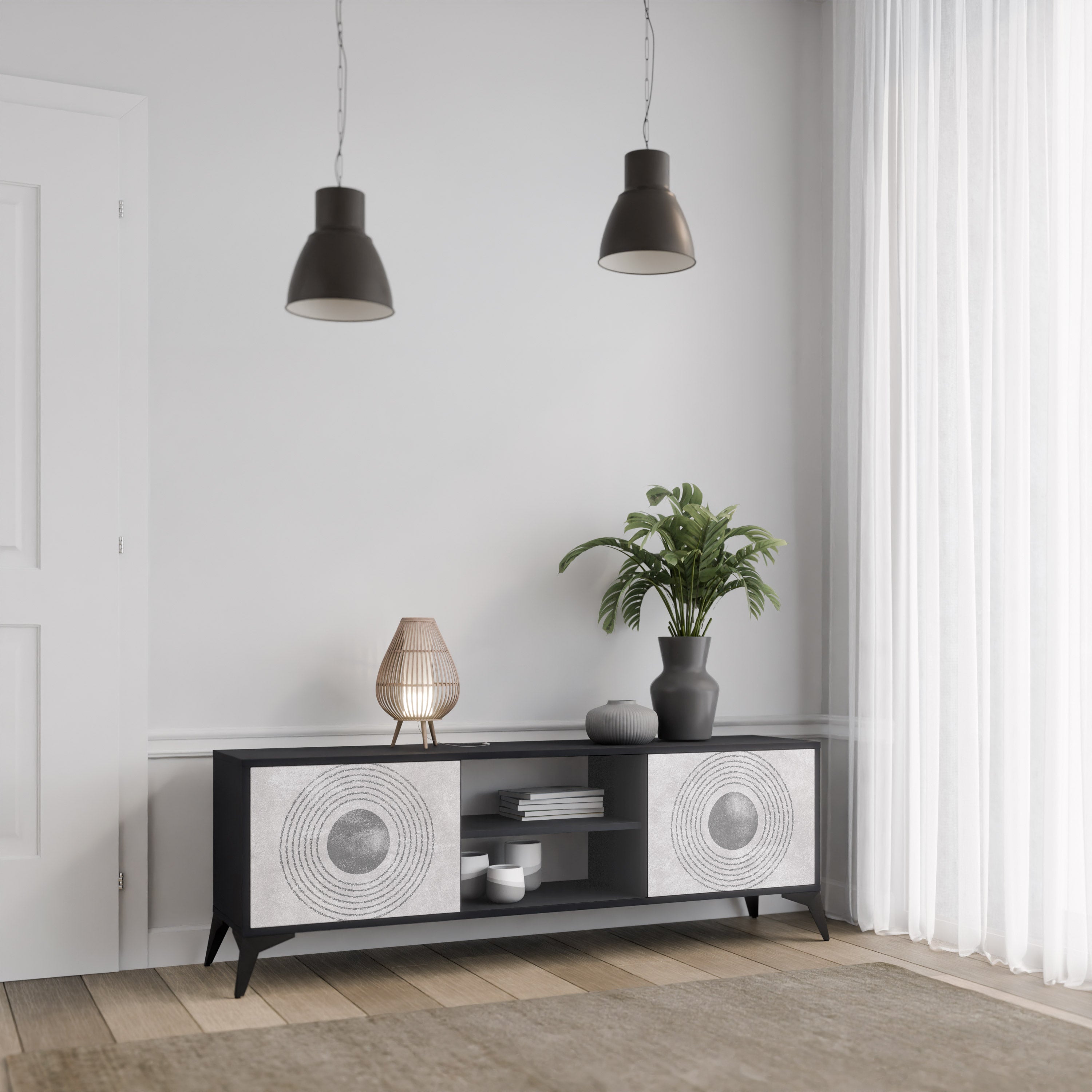 SOLID CIRCLES Móvel de TV com 2 Portas em Acabamento Preto