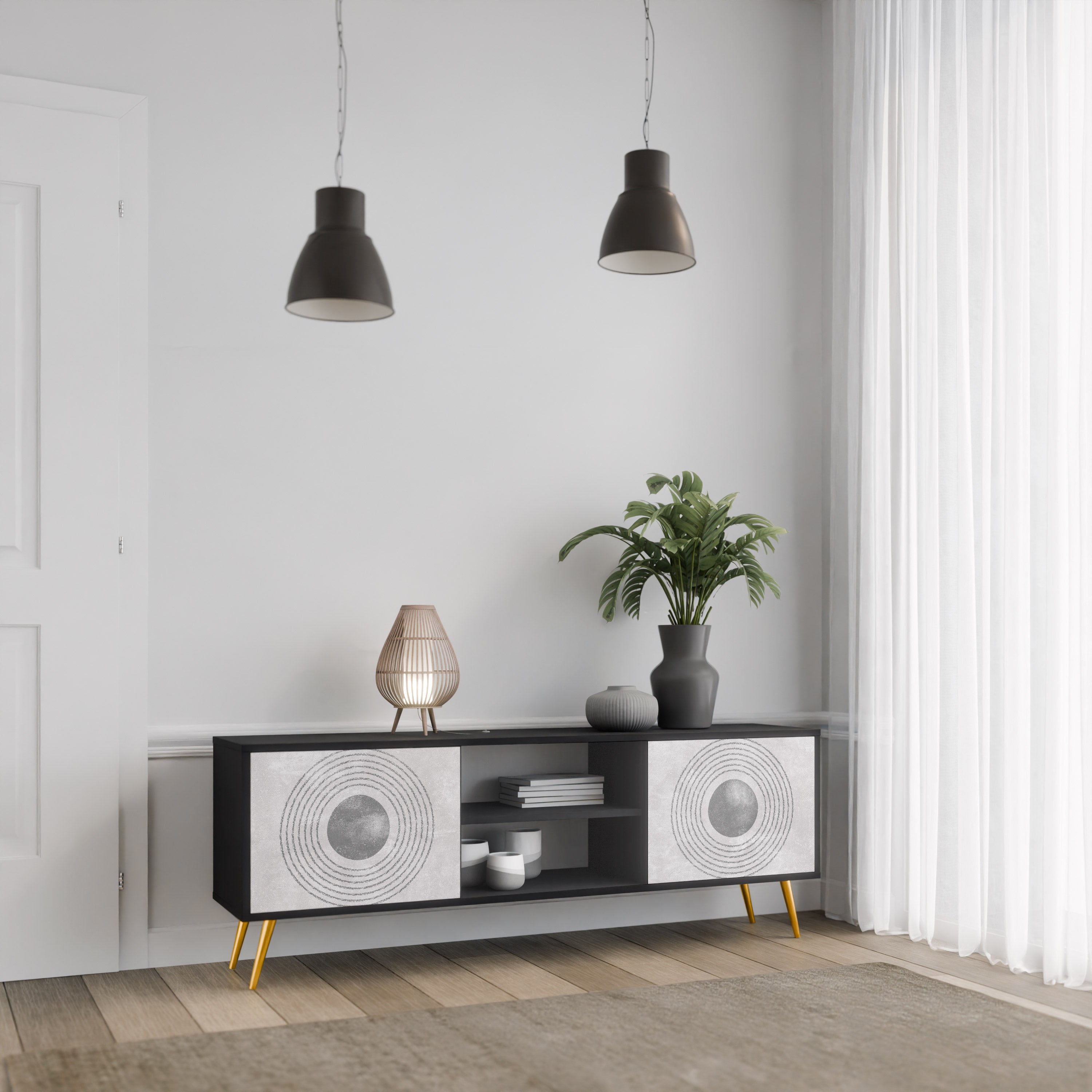 SOLID CIRCLES Móvel de TV com 2 Portas em Acabamento Preto