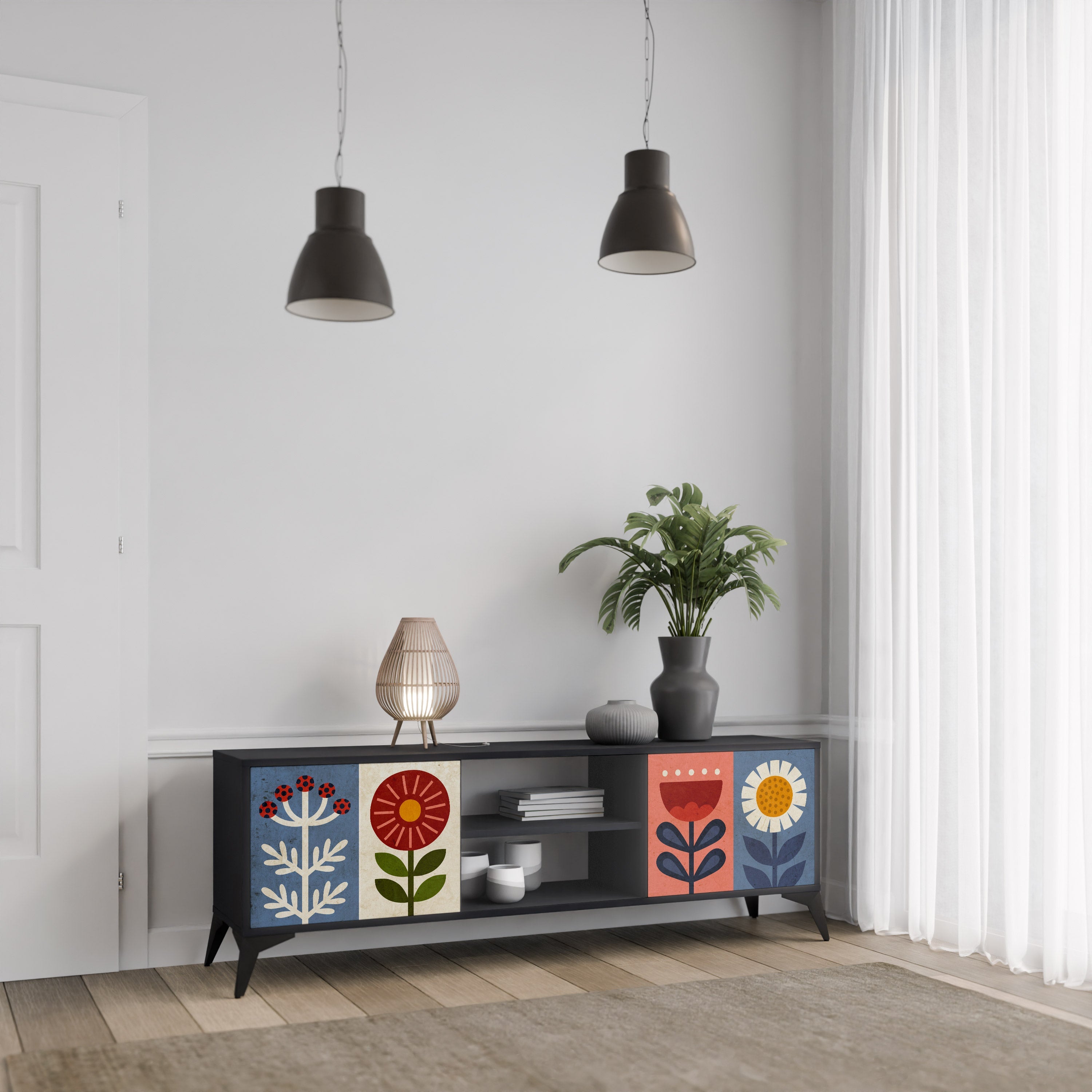 SCANDIC FLOWERET Móvel de TV com 2 Portas em Acabamento Preto