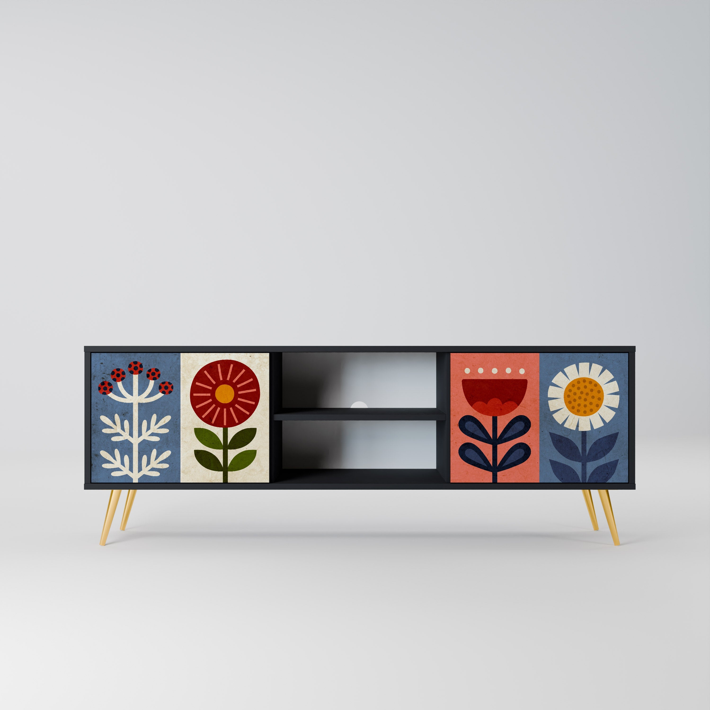 SCANDIC FLOWERET Móvel de TV com 2 Portas em Acabamento Preto