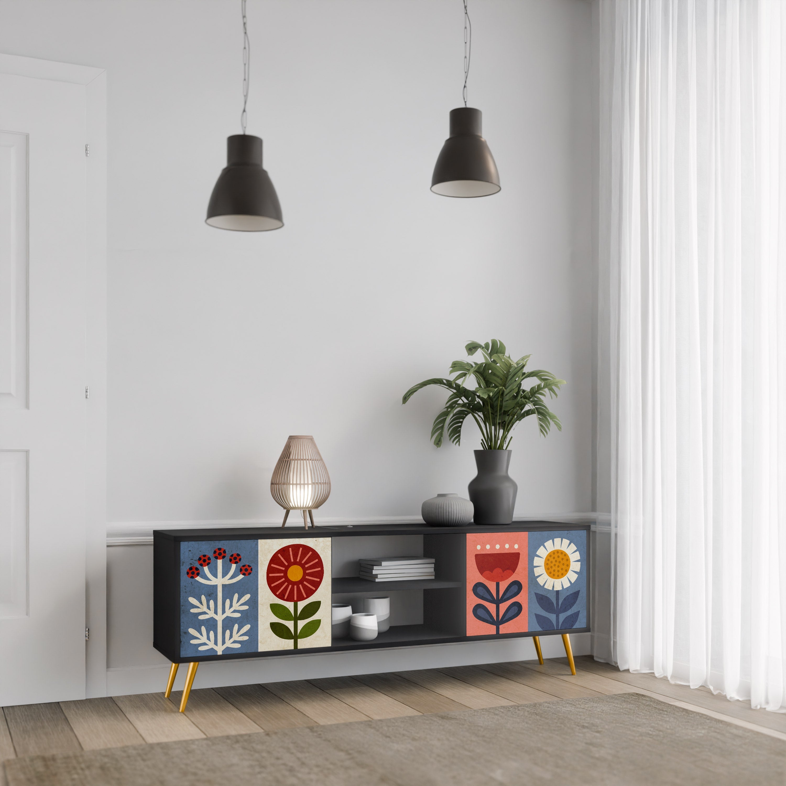 SCANDIC FLOWERET Móvel de TV com 2 Portas em Acabamento Preto