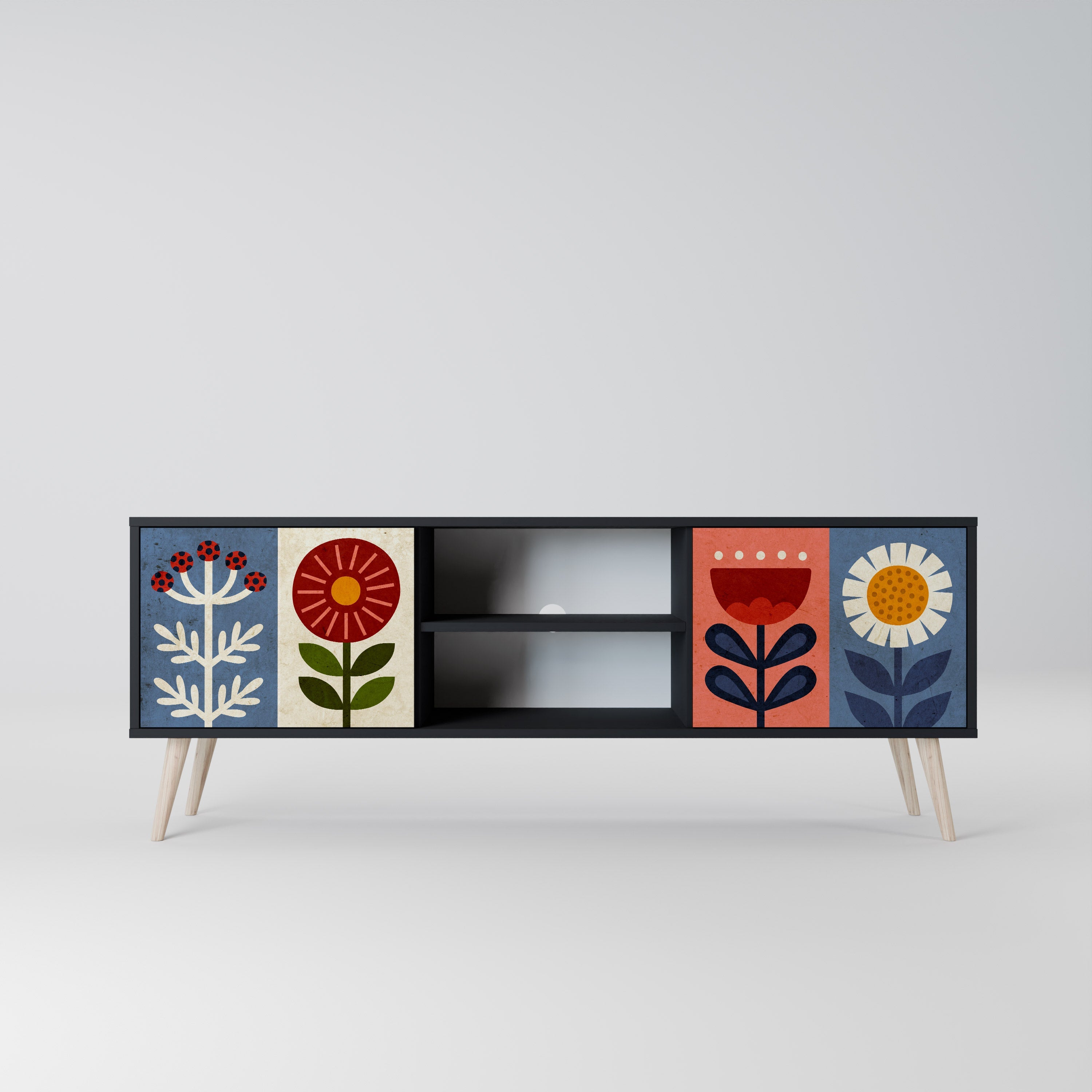 SCANDIC FLOWERET Móvel de TV com 2 Portas em Acabamento Preto