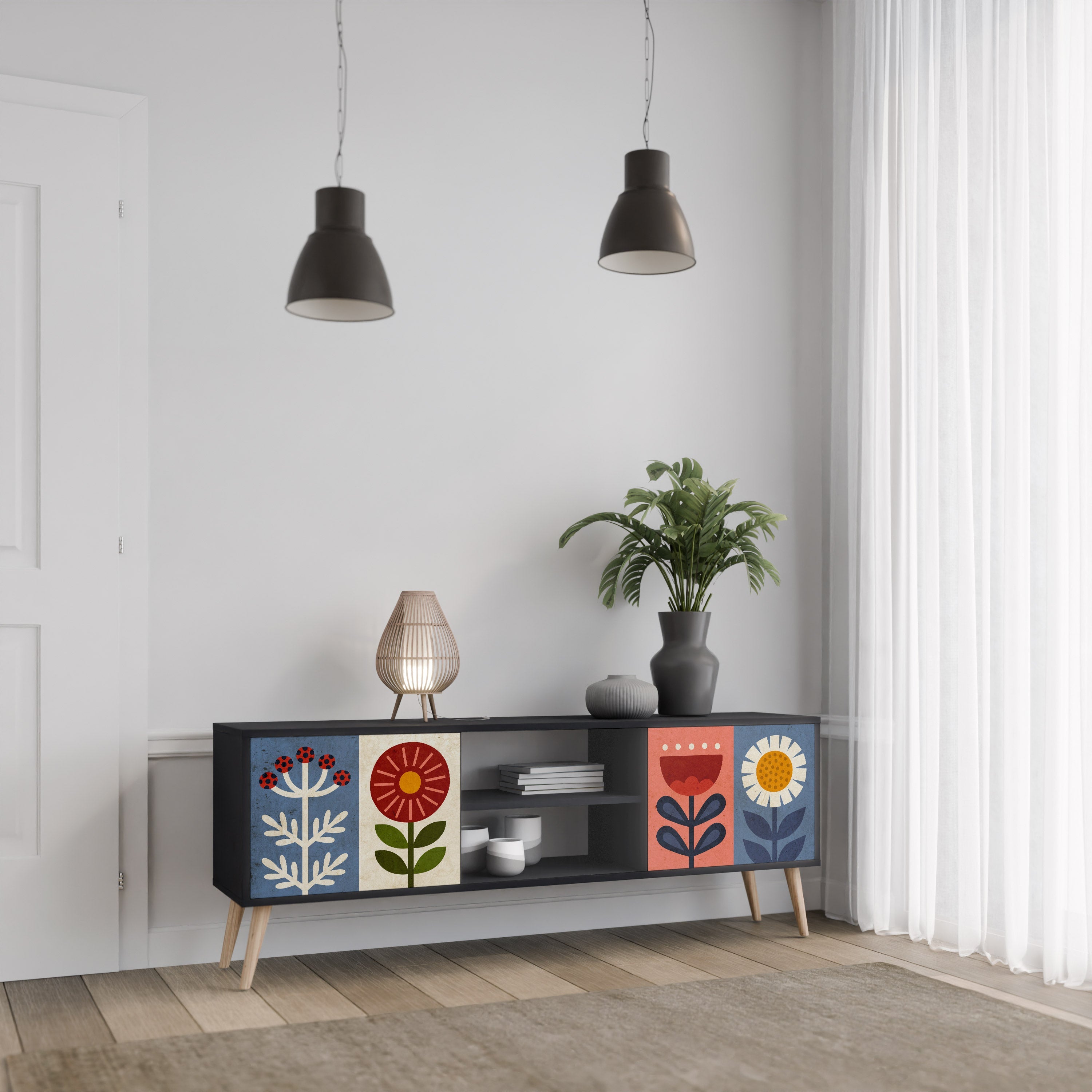 SCANDIC FLOWERET Móvel de TV com 2 Portas em Acabamento Preto