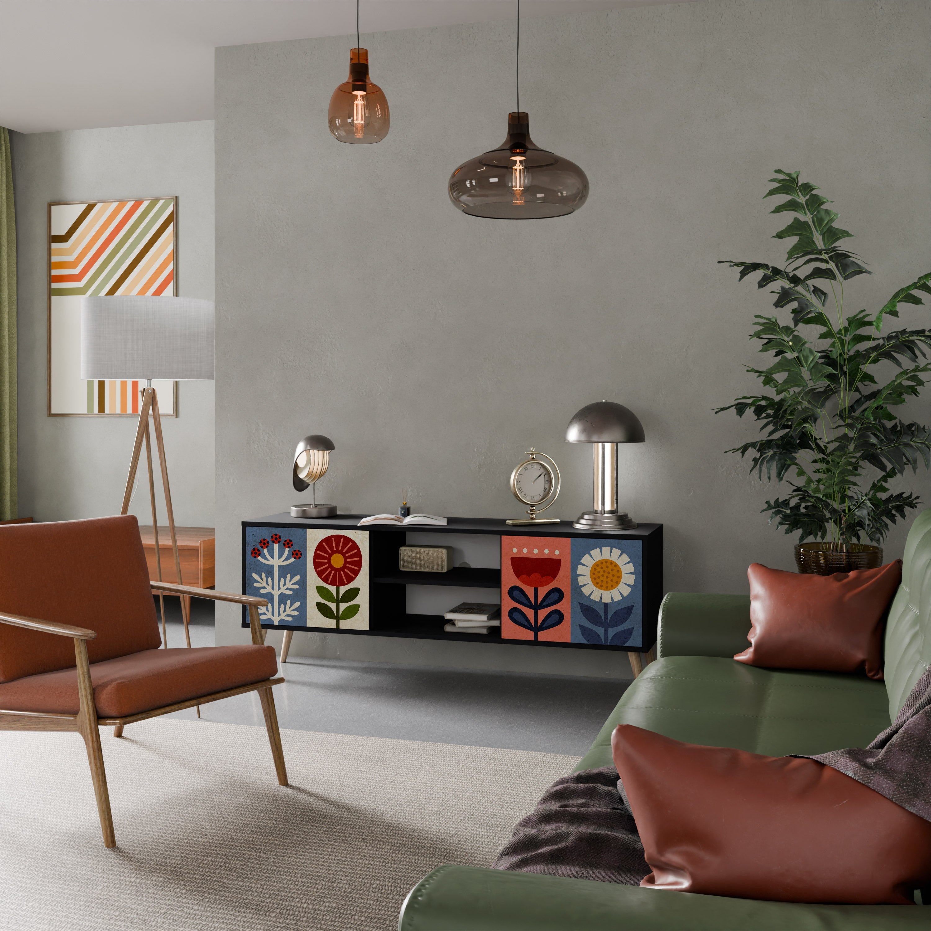 SCANDIC FLOWERET Móvel de TV com 2 Portas em Acabamento Preto