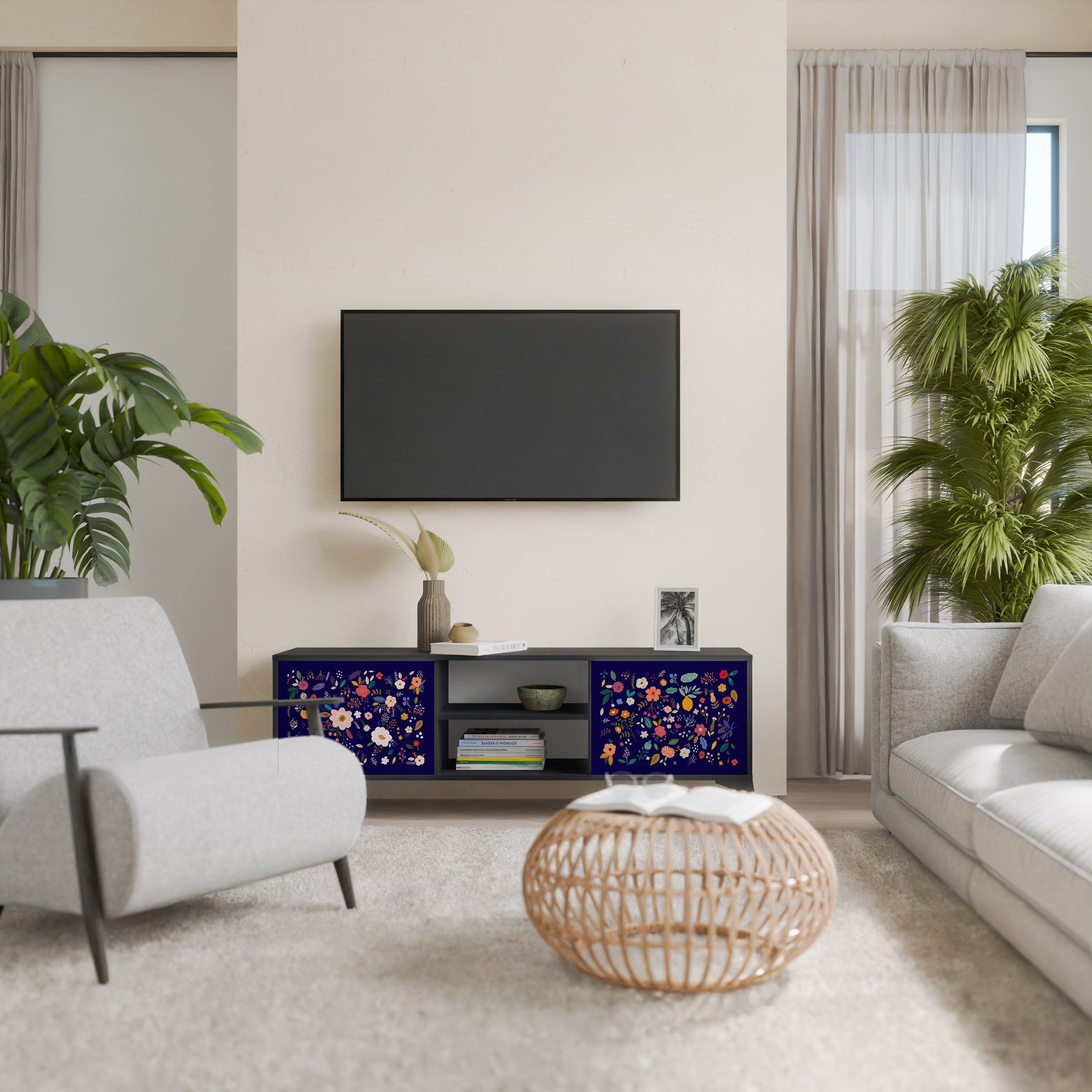 FLORAL COMBINATION Móvel de TV com 2 Portas em Acabamento Preto