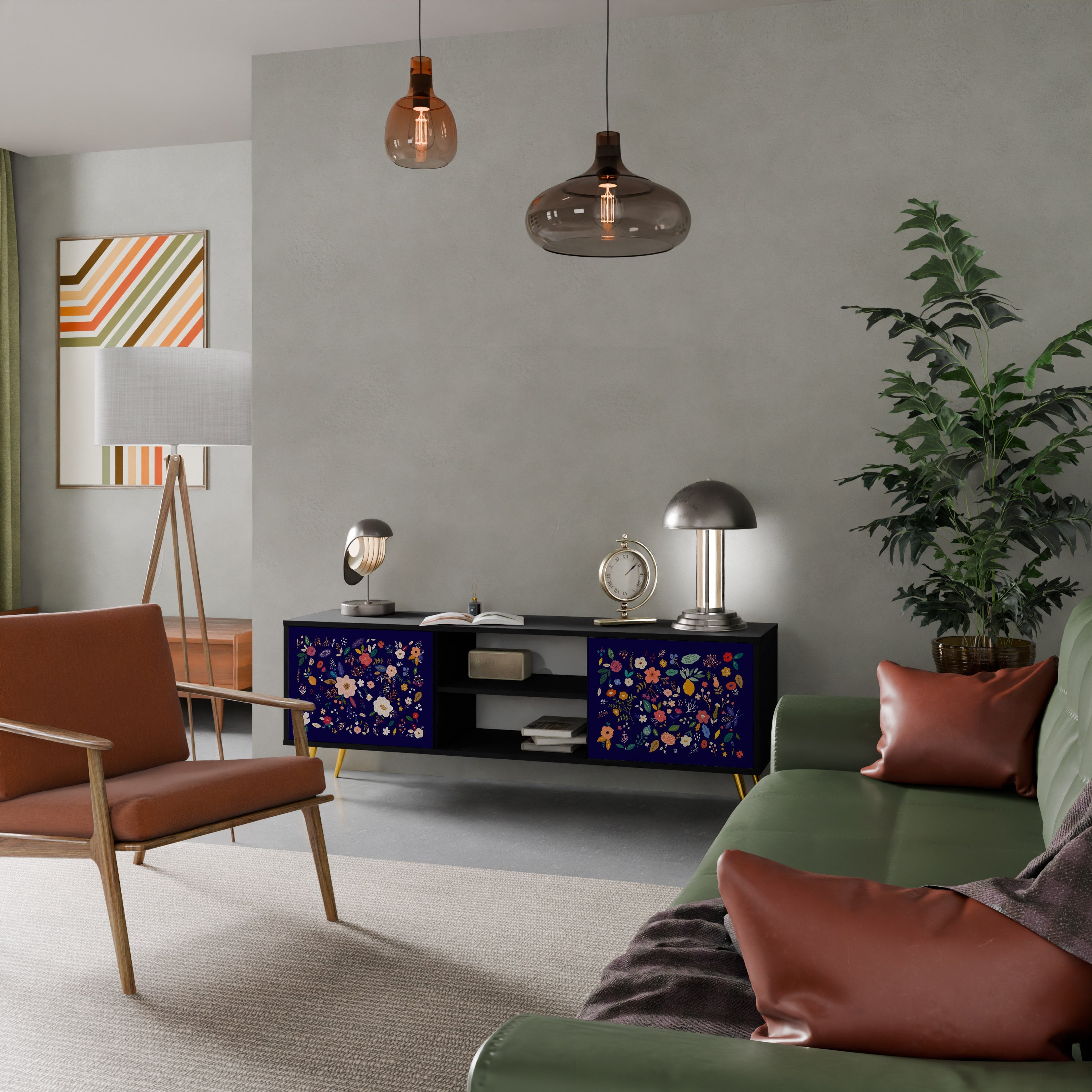 FLORAL COMBINATION Móvel de TV com 2 Portas em Acabamento Preto