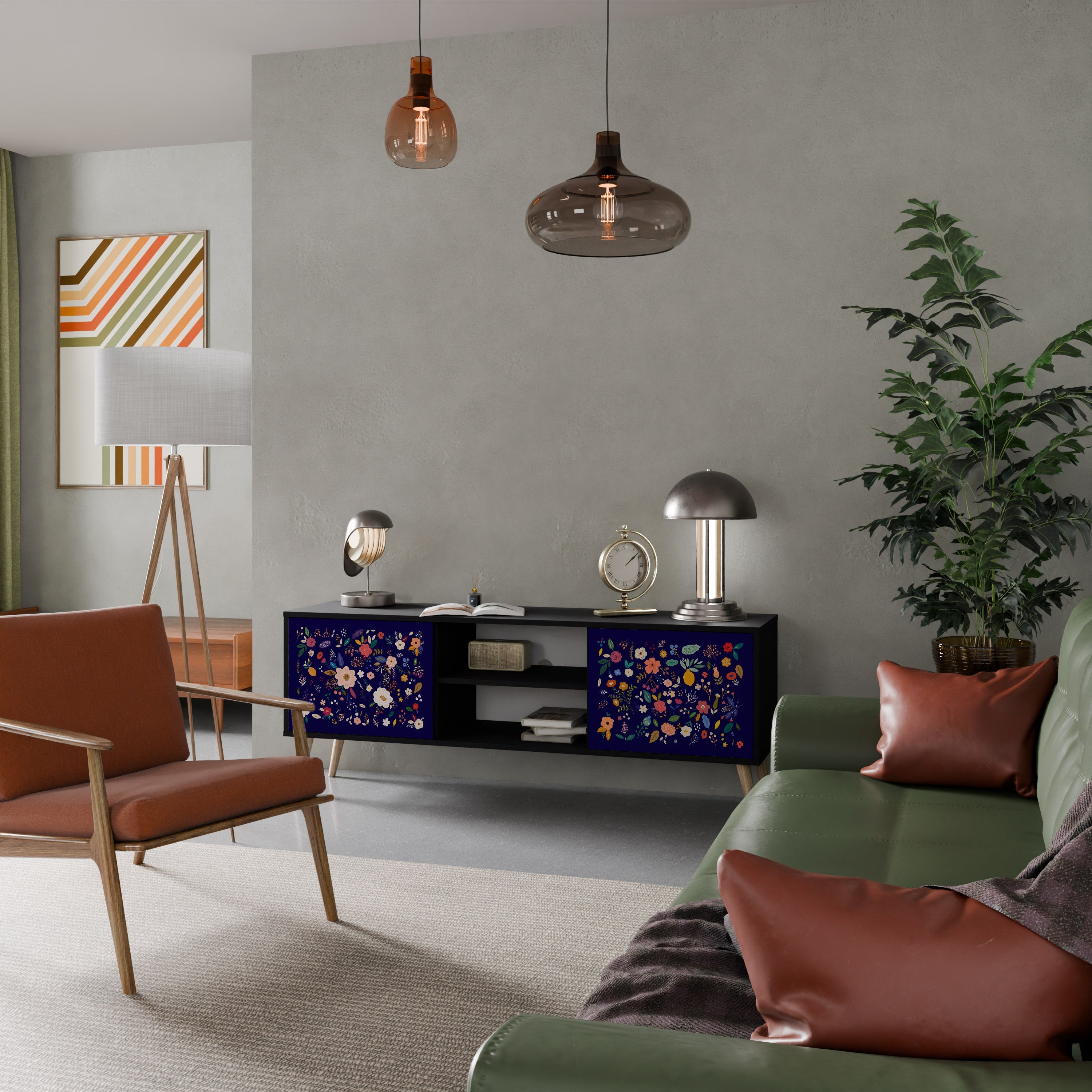 FLORAL COMBINATION Móvel de TV com 2 Portas em Acabamento Preto