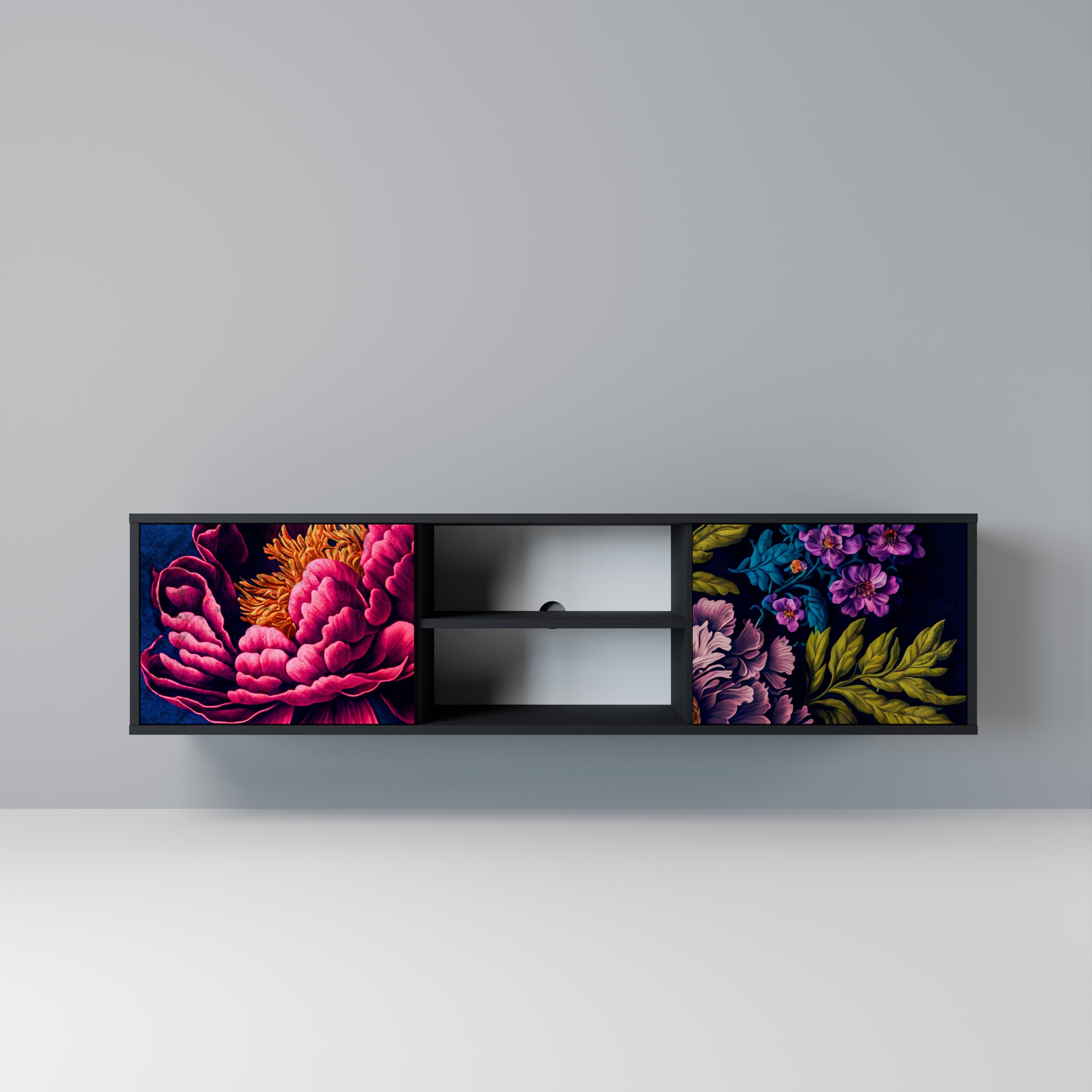 BLOOMING ELEGANCE Móvel de TV com 2 Portas em Acabamento Preto