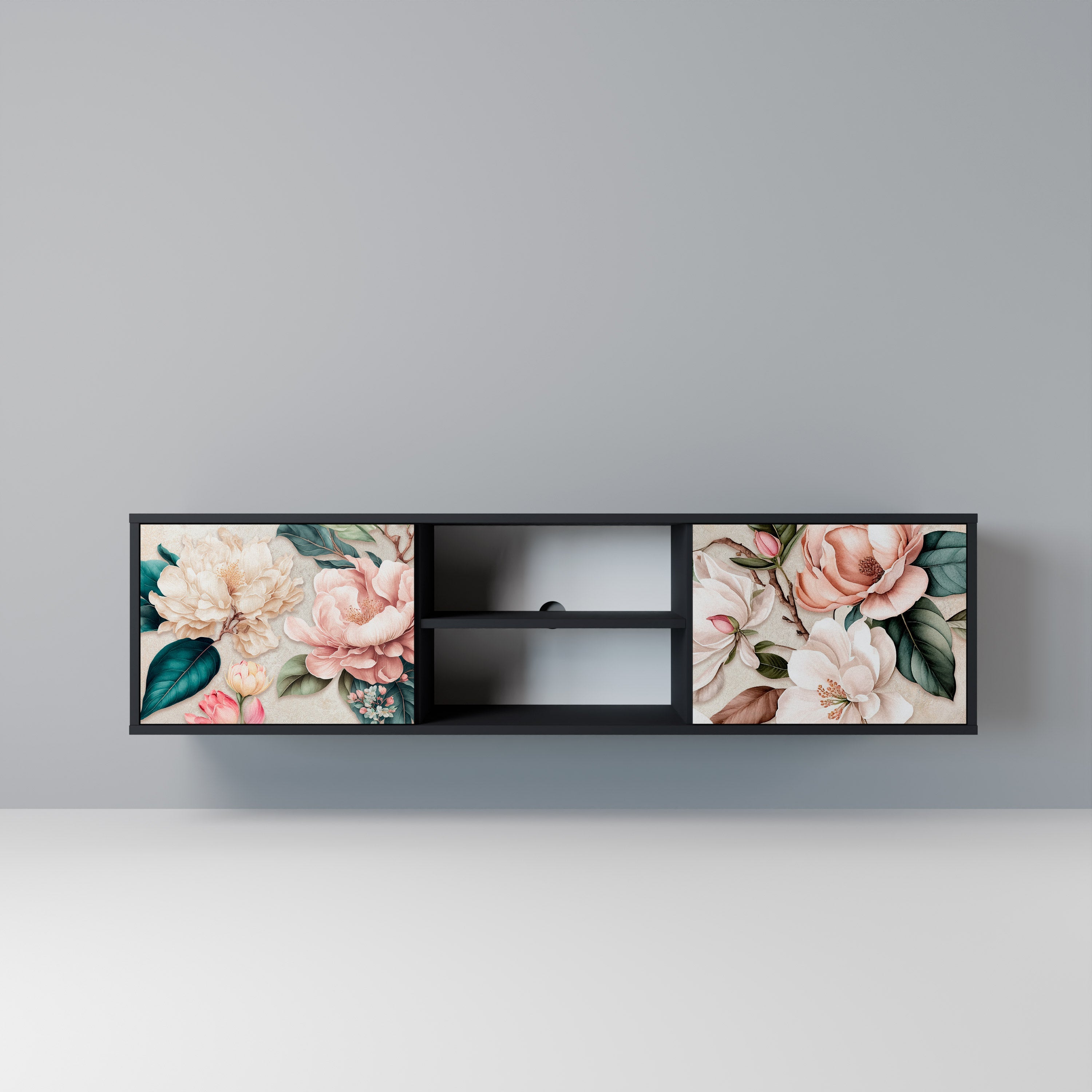 FLORAL GRACE Móvel de TV com 2 Portas em Acabamento Preto