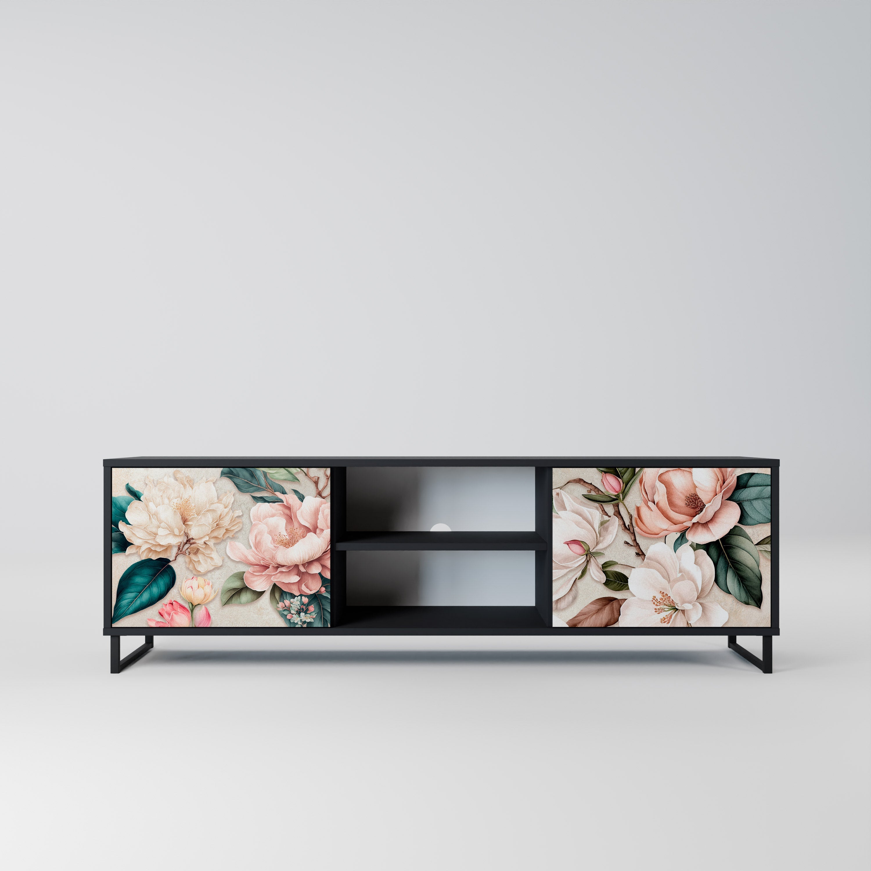 FLORAL GRACE Móvel de TV com 2 Portas em Acabamento Preto