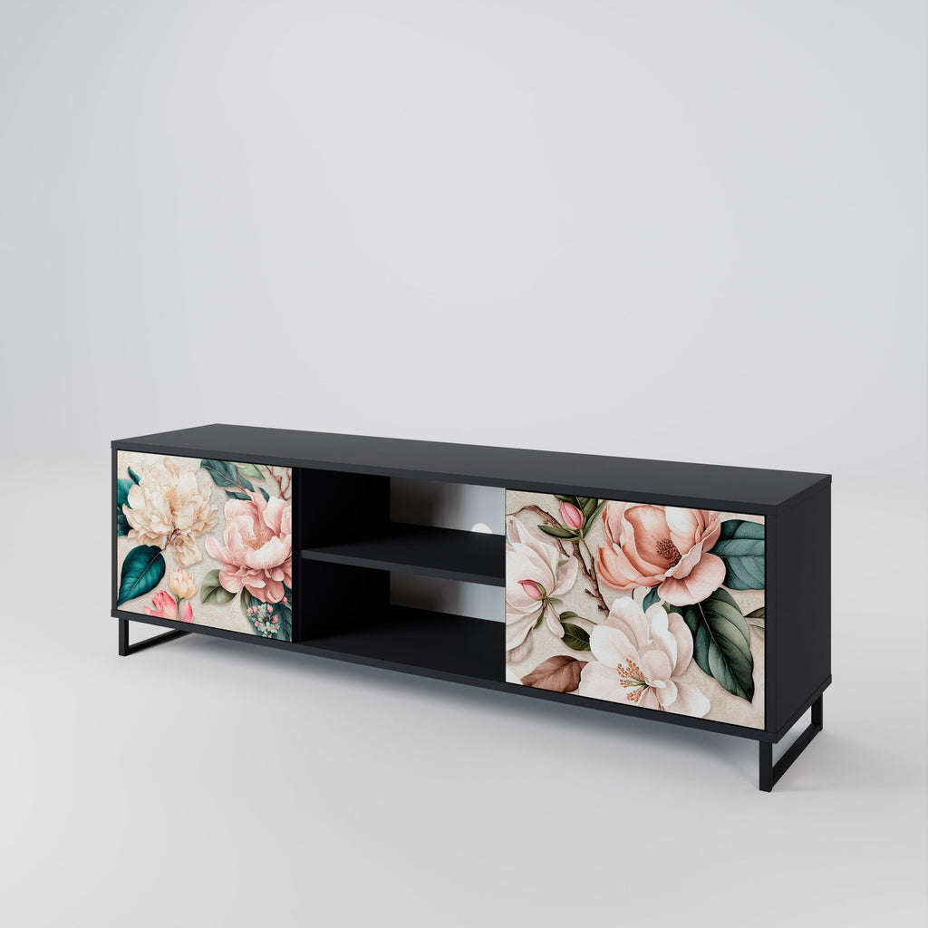 FLORAL GRACE Móvel de TV com 2 Portas em Acabamento Preto