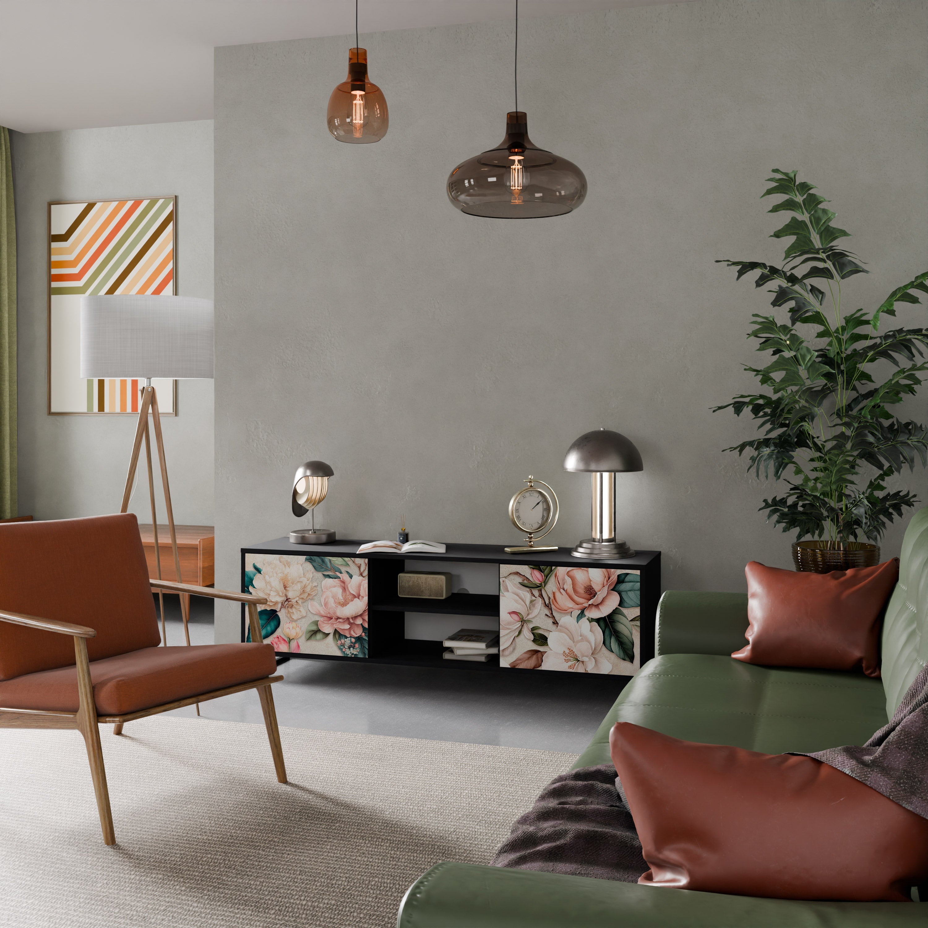 FLORAL GRACE Móvel de TV com 2 Portas em Acabamento Preto